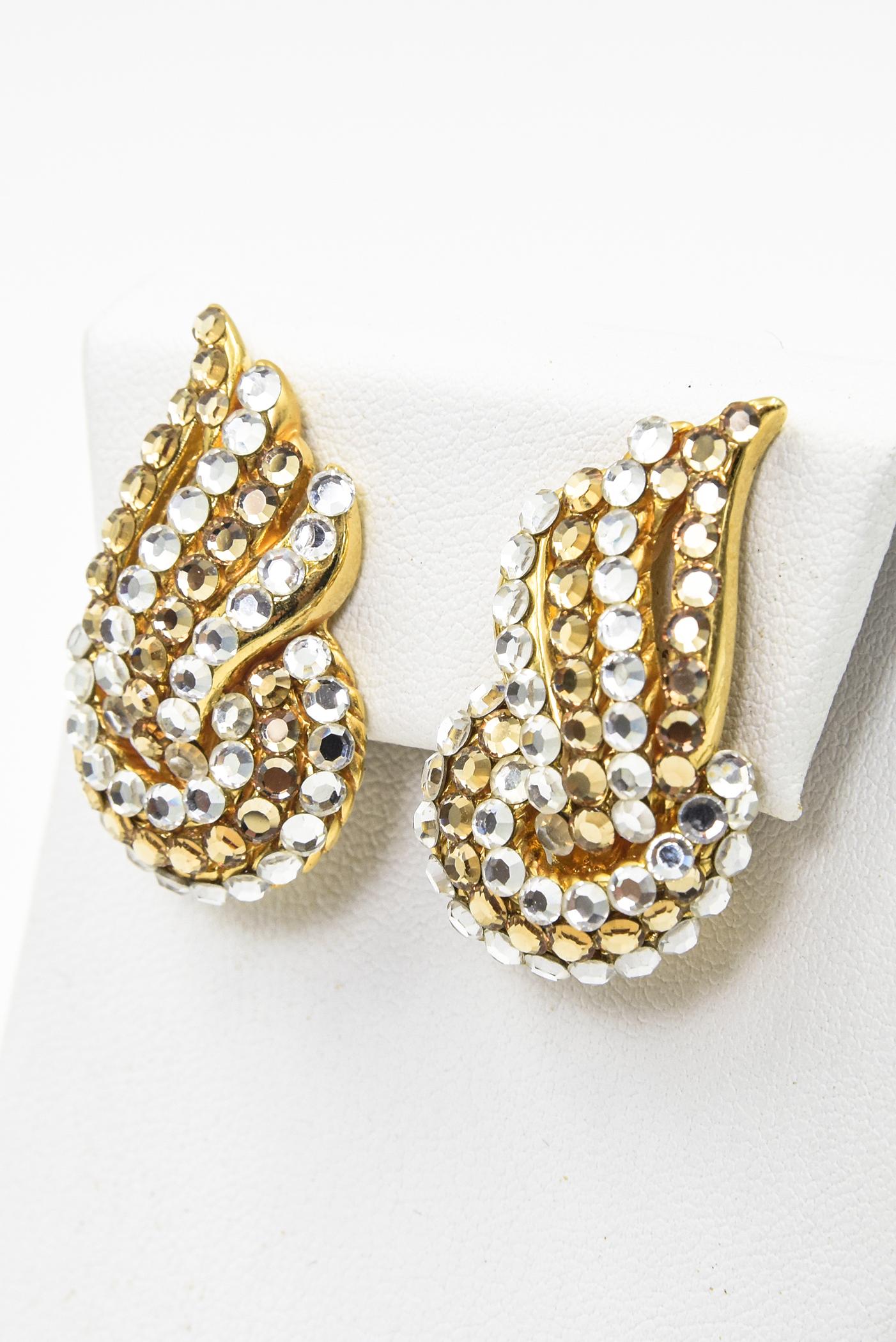 Gold and Clear Crystal Swirl Ribbon Clip On Earrings In Good Condition For Sale In Miami Beach, FL