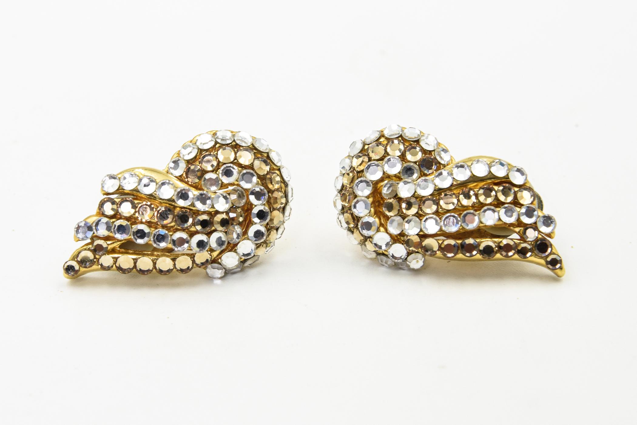 Gold and Clear Crystal Swirl Ribbon Clip On Earrings For Sale 1