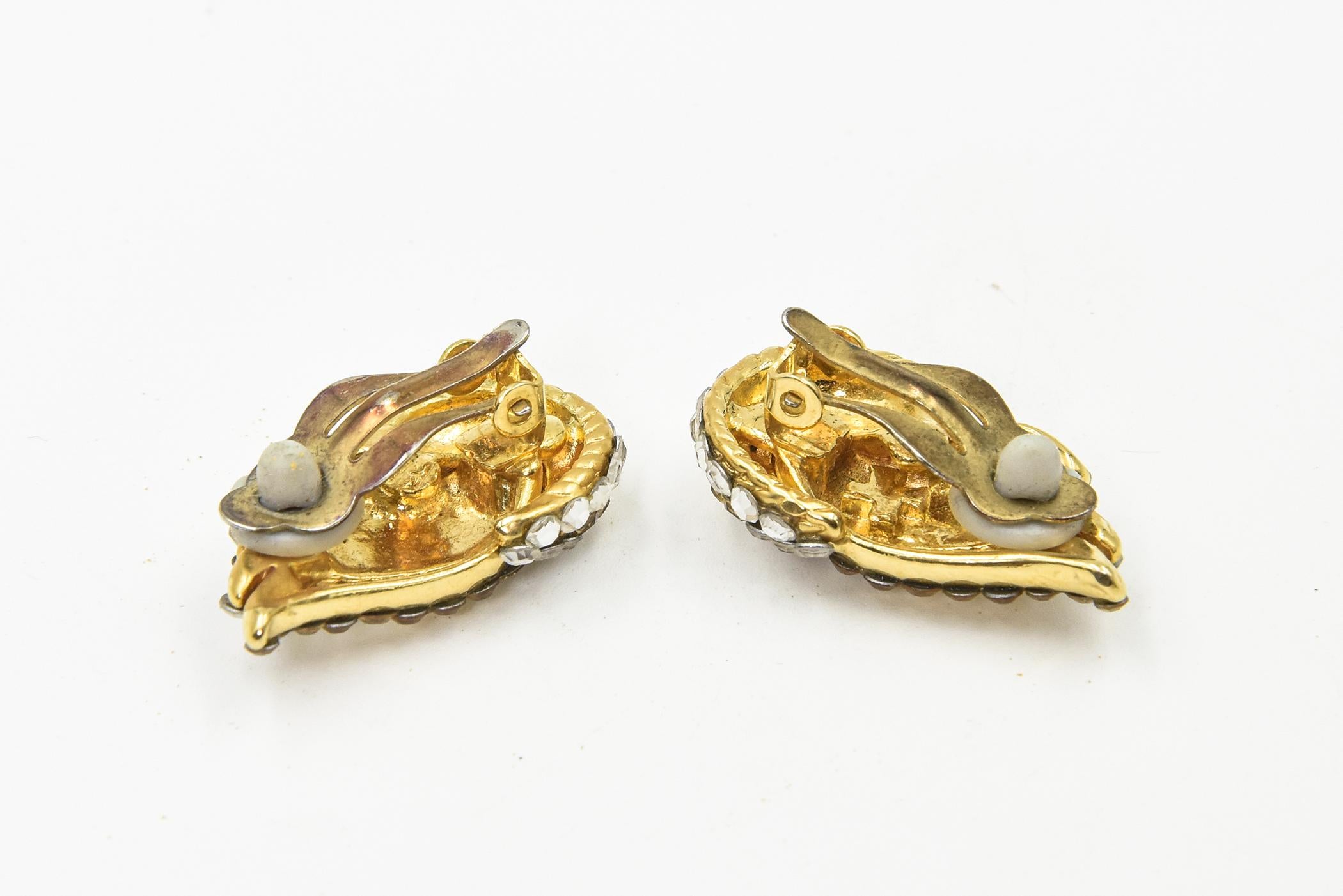 Gold and Clear Crystal Swirl Ribbon Clip On Earrings For Sale 2