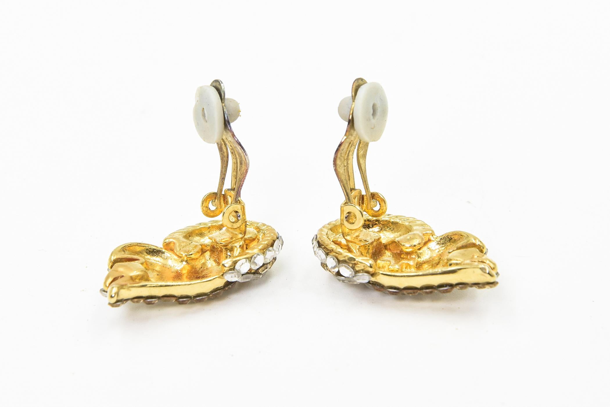 Gold and Clear Crystal Swirl Ribbon Clip On Earrings For Sale 3