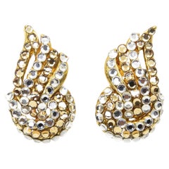 Gold and Clear Crystal Swirl Ribbon Clip On Earrings