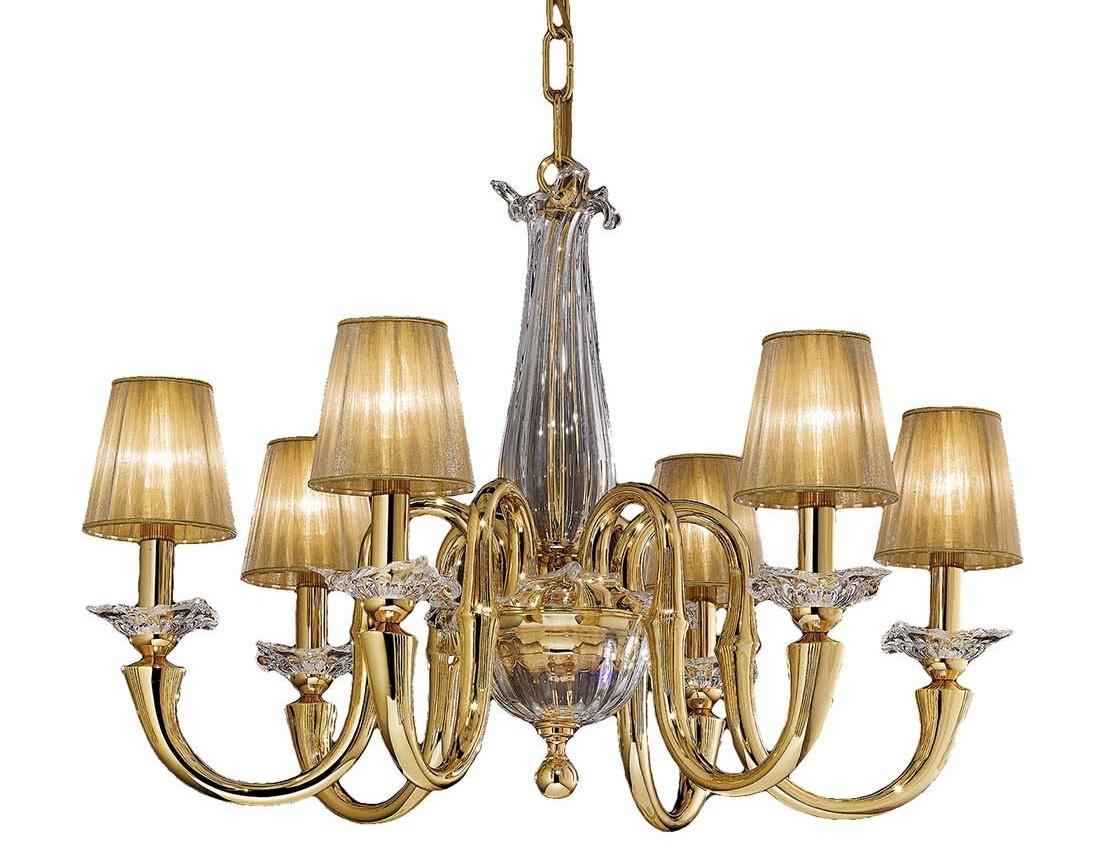 Italian Gold and Crystal 6-Light Chandelier with Organza Shades For Sale
