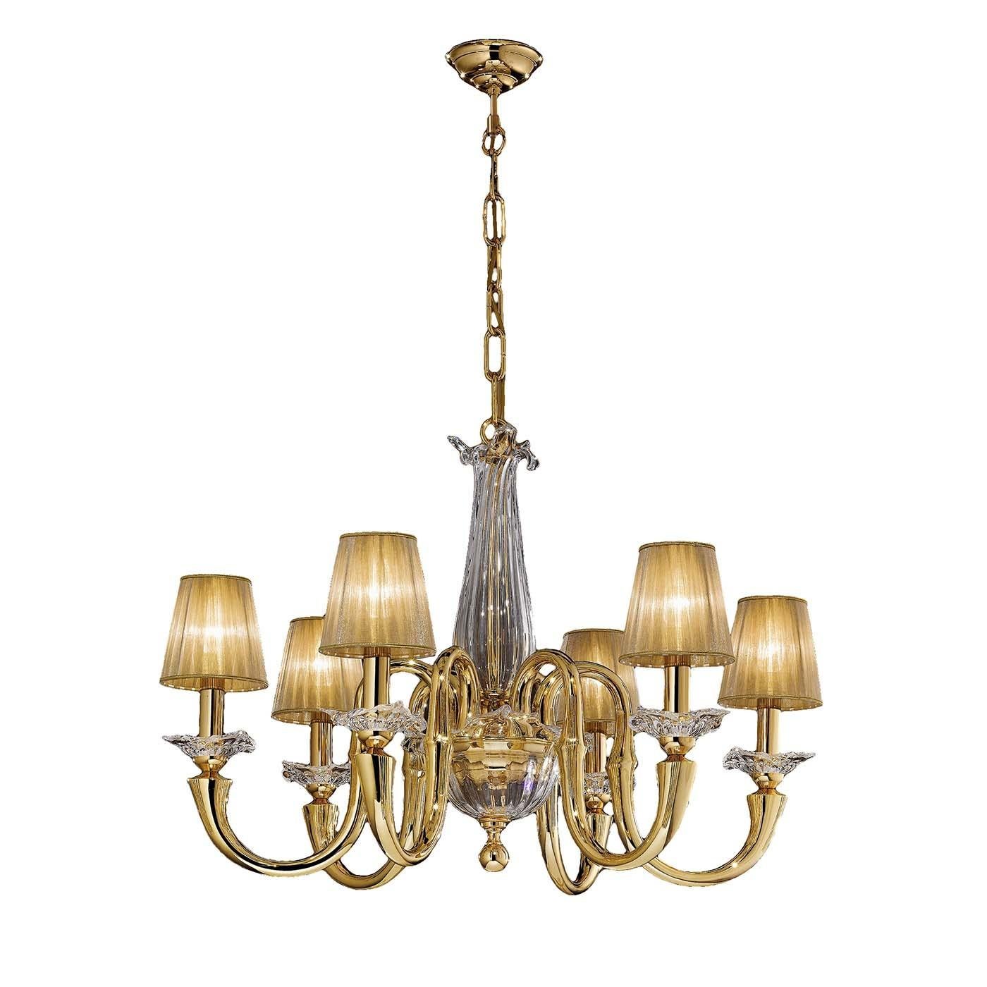 Gold and Crystal 6-Light Chandelier with Organza Shades For Sale