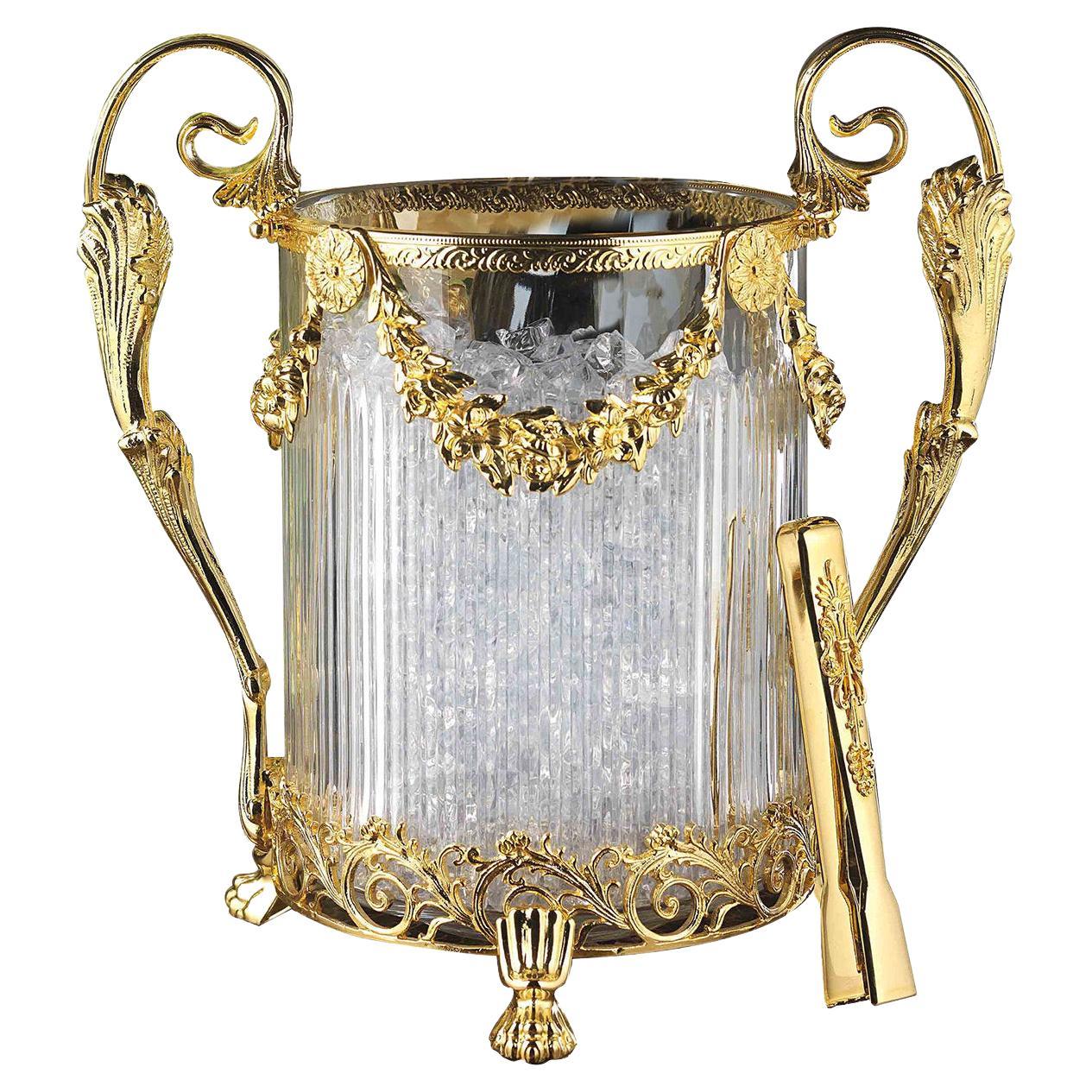 Gold and Crystal Ice Bucket with Tongs For Sale
