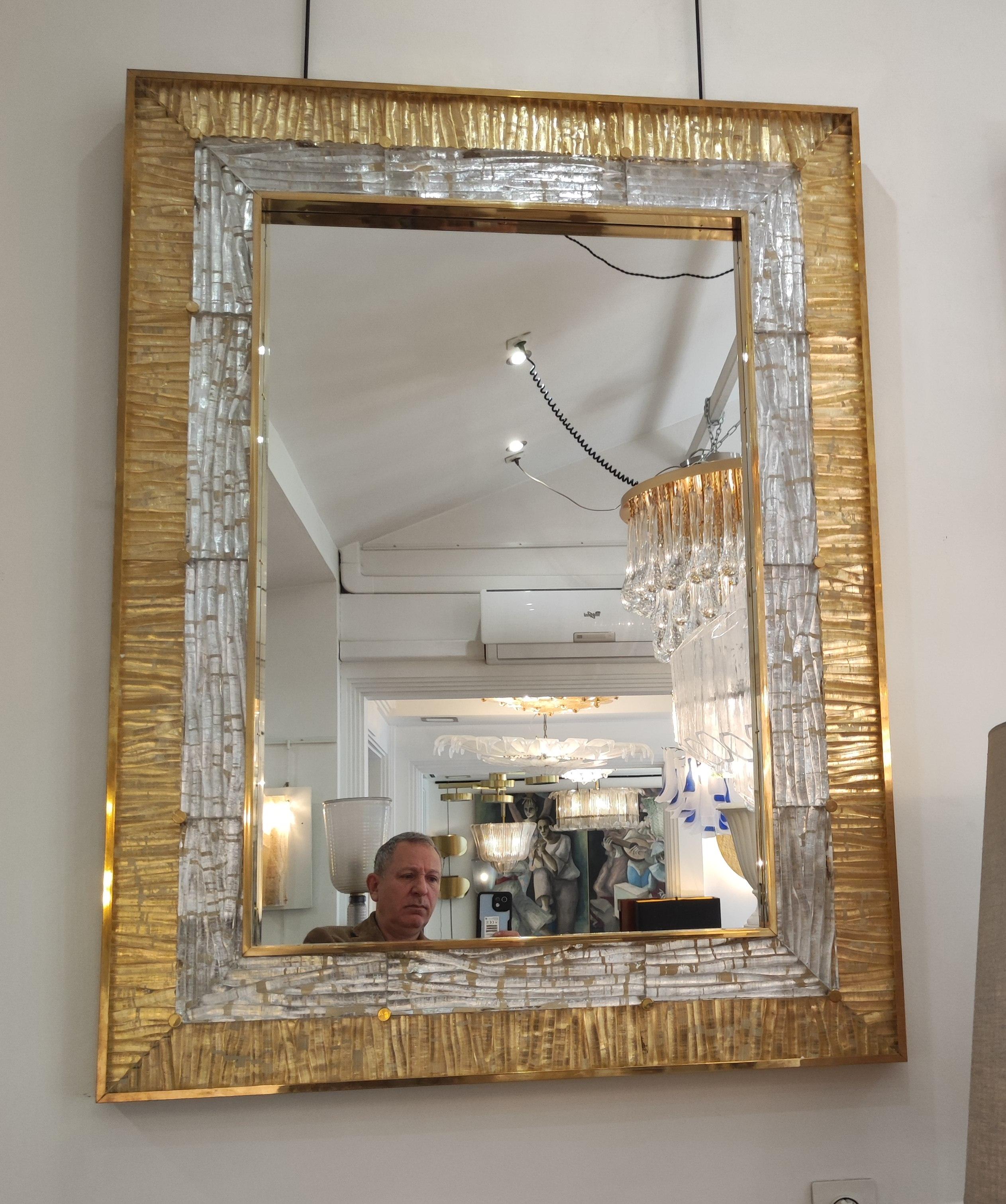Gold and Crystal Murano Glass and Brass Mirror For Sale 7