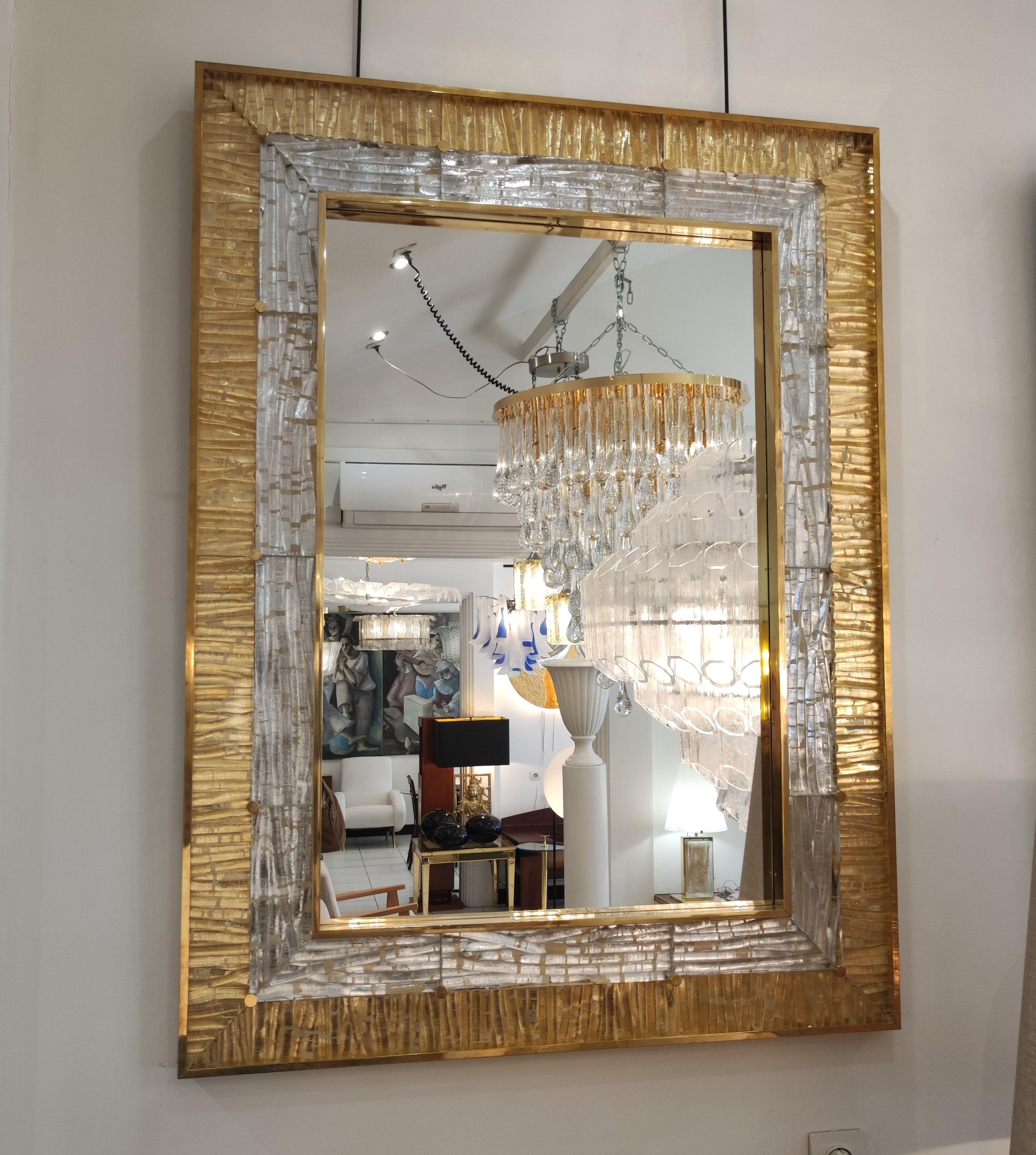 Gold and Crystal Murano Glass and Brass Mirror For Sale 8