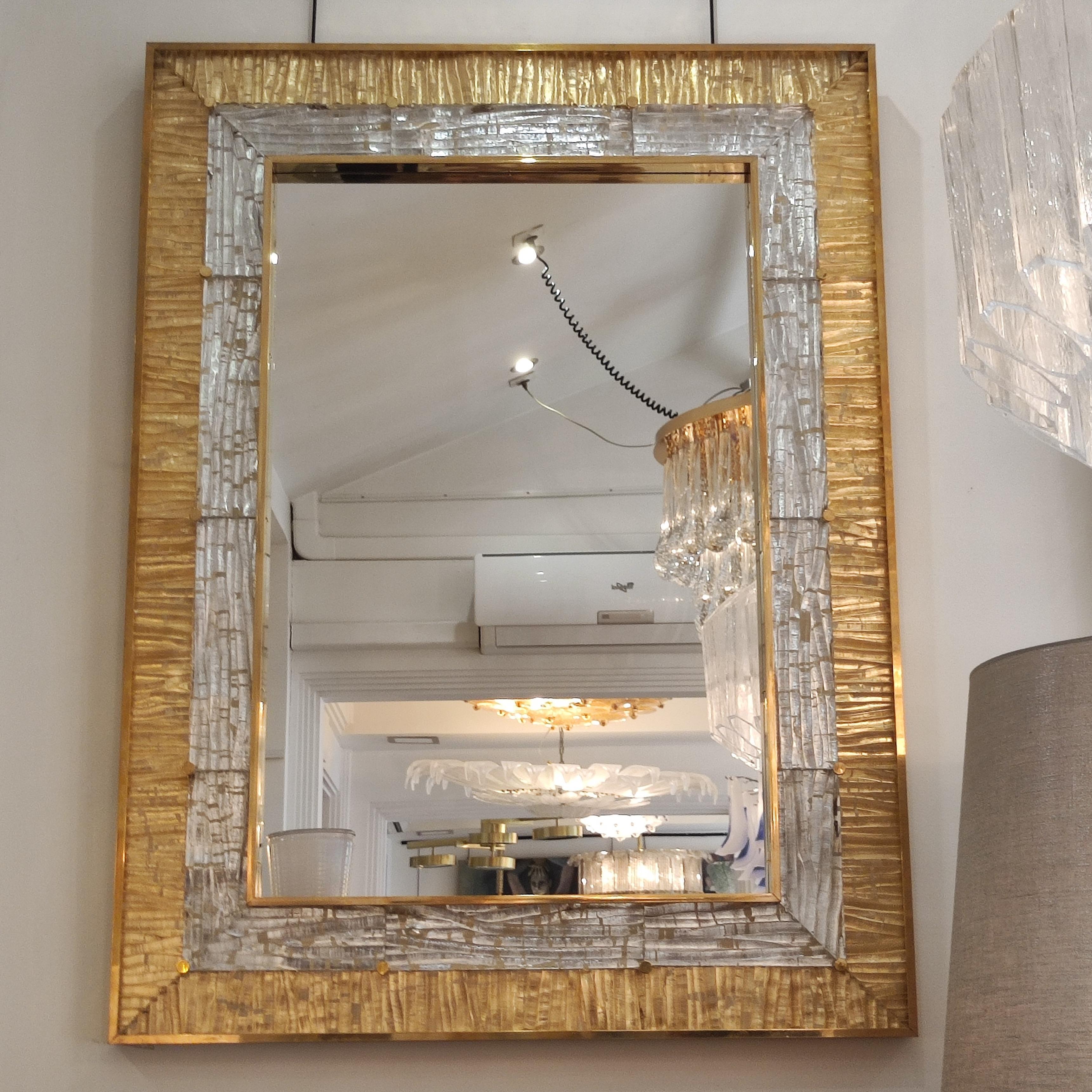 Italian Gold and Crystal Murano Glass and Brass Mirror For Sale