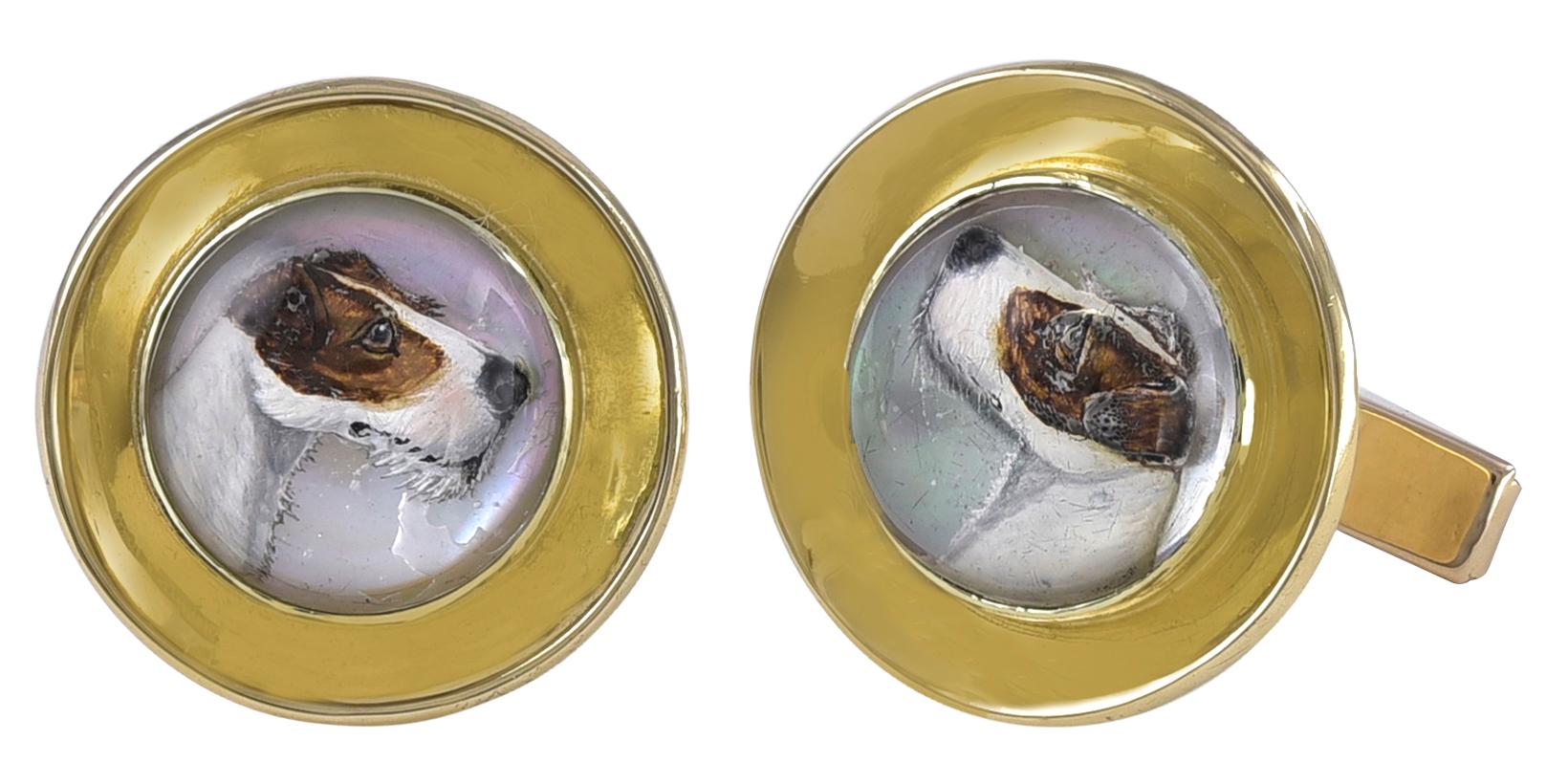 Large round cufflinks.  14K yellow gold, set with an Essex Crystal image of a terrier.  7/8
