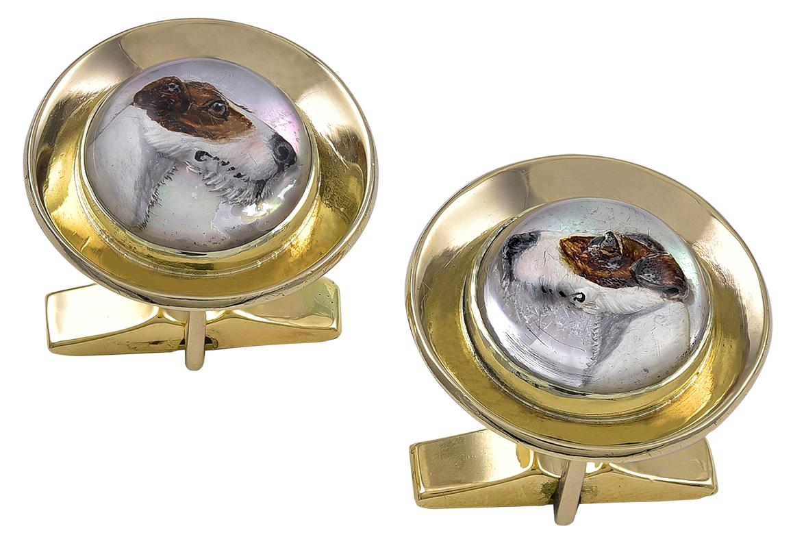 Gold and Crystal Terrier Cufflinks In Excellent Condition For Sale In New York, NY