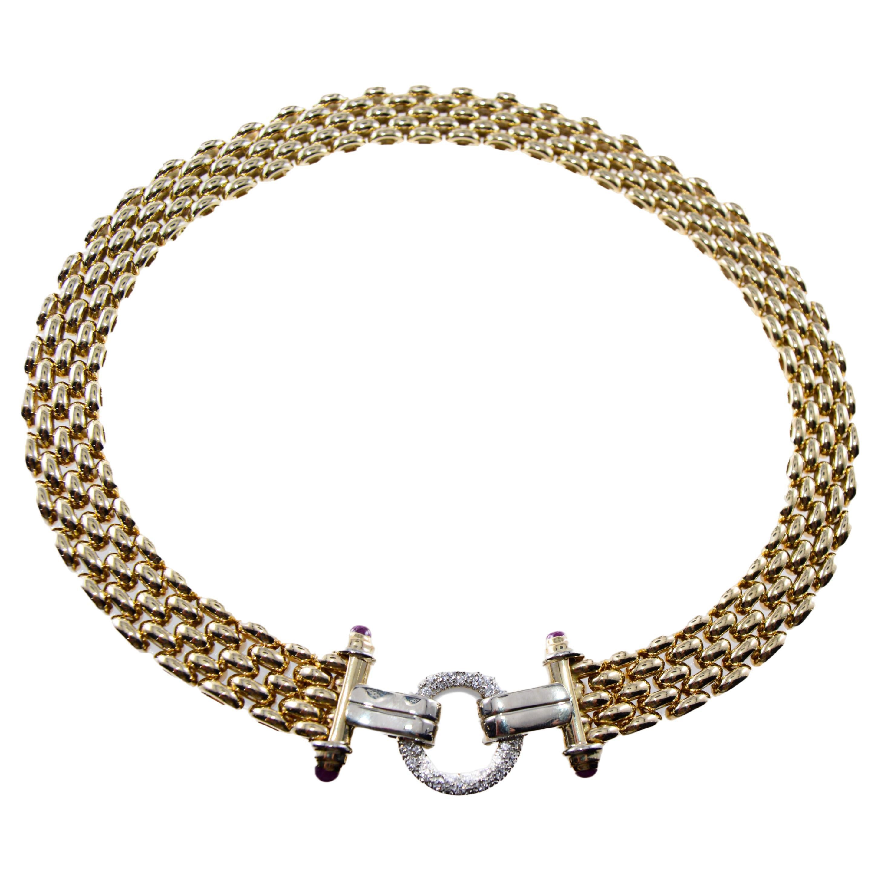 Gold and Diamond 14Kt. Solid Gold Modern Necklace Hand Constructed in Italy For Sale