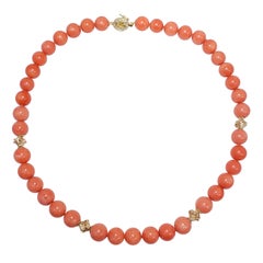 Vintage Gold and Diamond Accented Salmon Coral Bead Knotted String Necklace, 14 Karat