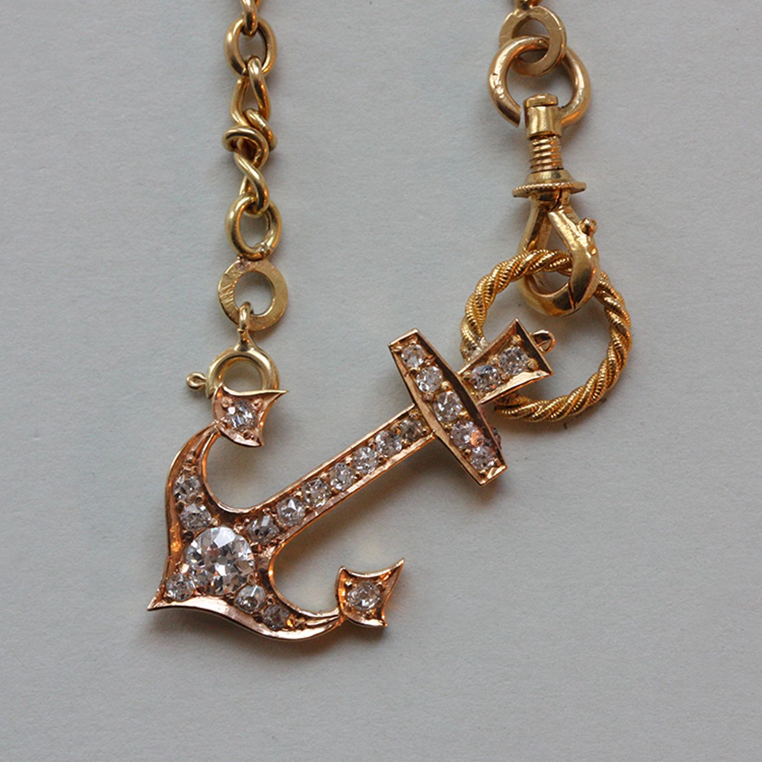 Gold and Diamond Anchor Pendant and Chain In Good Condition In Amsterdam, NL