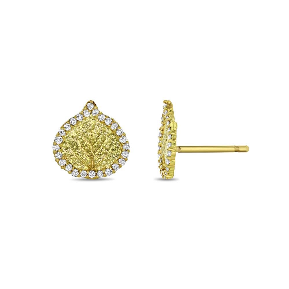 Women's or Men's Gold and Diamond Aspen Leaf Earrings 'Small' For Sale