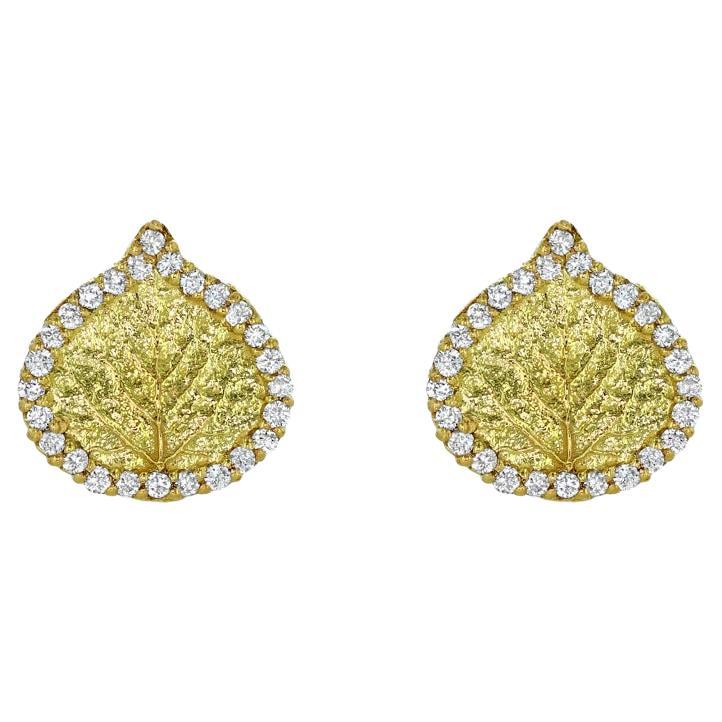 Gold and Diamond Aspen Leaf Earrings 'Small' For Sale