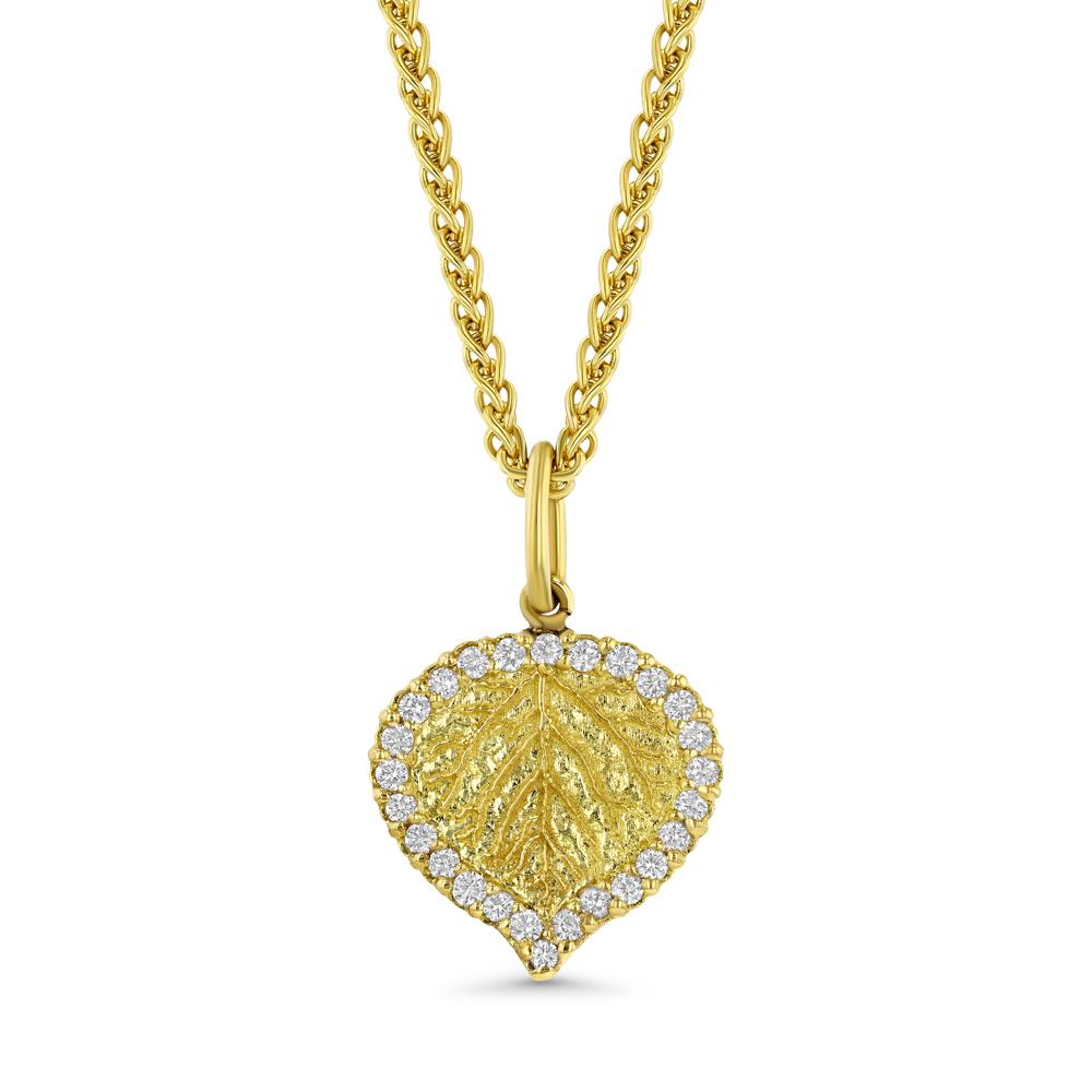 Encased in diamonds with a heart gold, 18 karat of course, our Aspen Leaf Pendant Necklace is a stunning homage to the town we at Best & Co. call home.