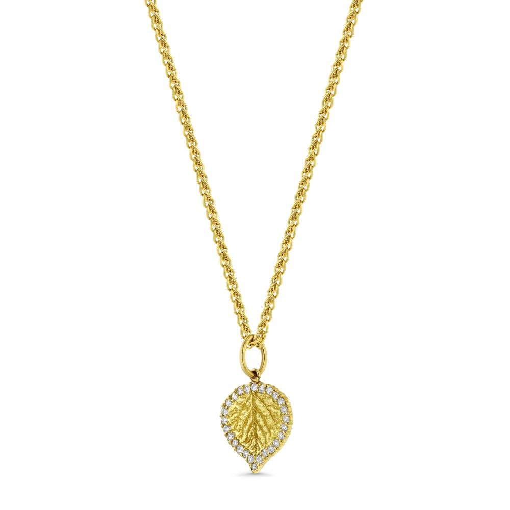 Women's or Men's Gold and Diamond Aspen Leaf Pendant Necklace For Sale