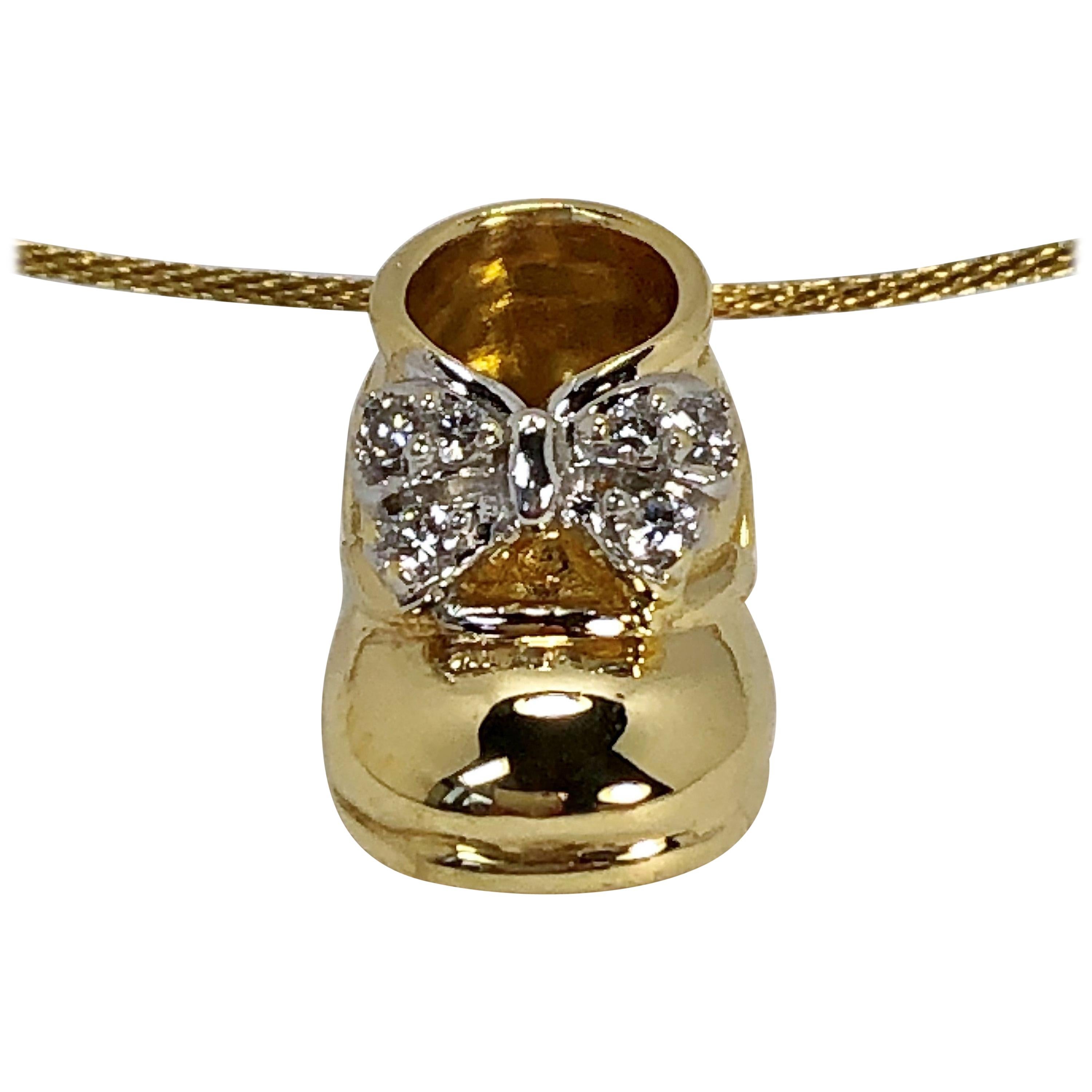 Gold and Diamond Baby Shoe Pendant on a Thin Gold Choker, Perfect Push Present