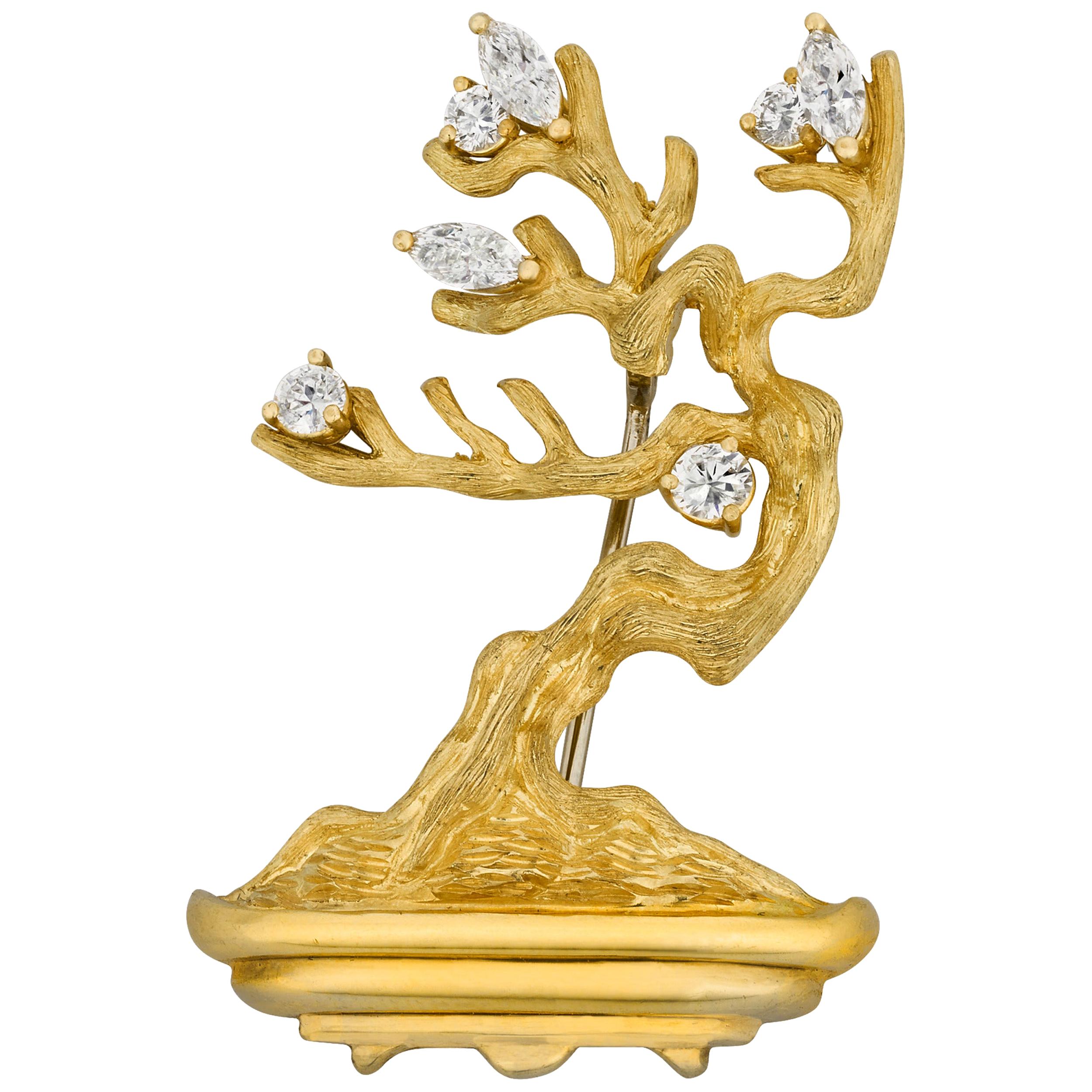 Gold and Diamond Bonsai Tree Brooch by Henry Dunay For Sale