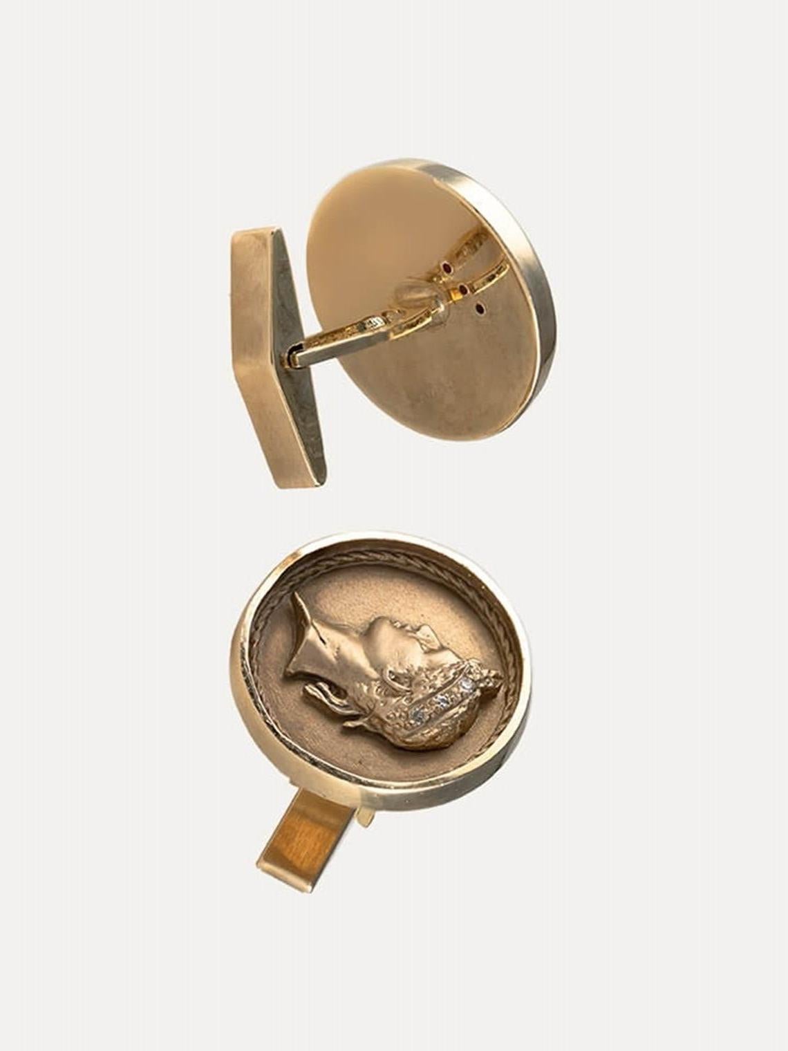 Brilliant Cut Gold and Diamond Cufflinks with Human Figure For Sale