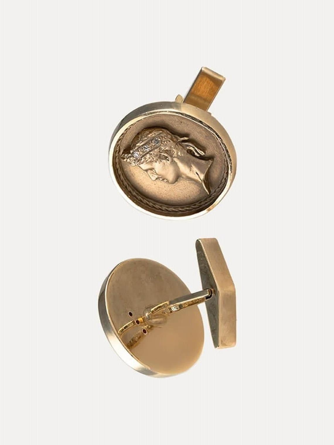 Women's or Men's Gold and Diamond Cufflinks with Human Figure For Sale