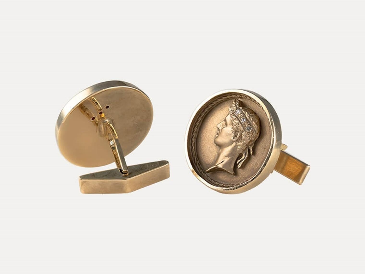 Gold and Diamond Cufflinks with Human Figure For Sale 1