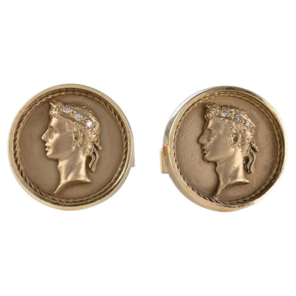 Gold and Diamond Cufflinks with Human Figure For Sale