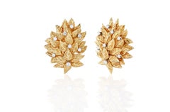 Gold and Diamond Earclips of Leaf Form