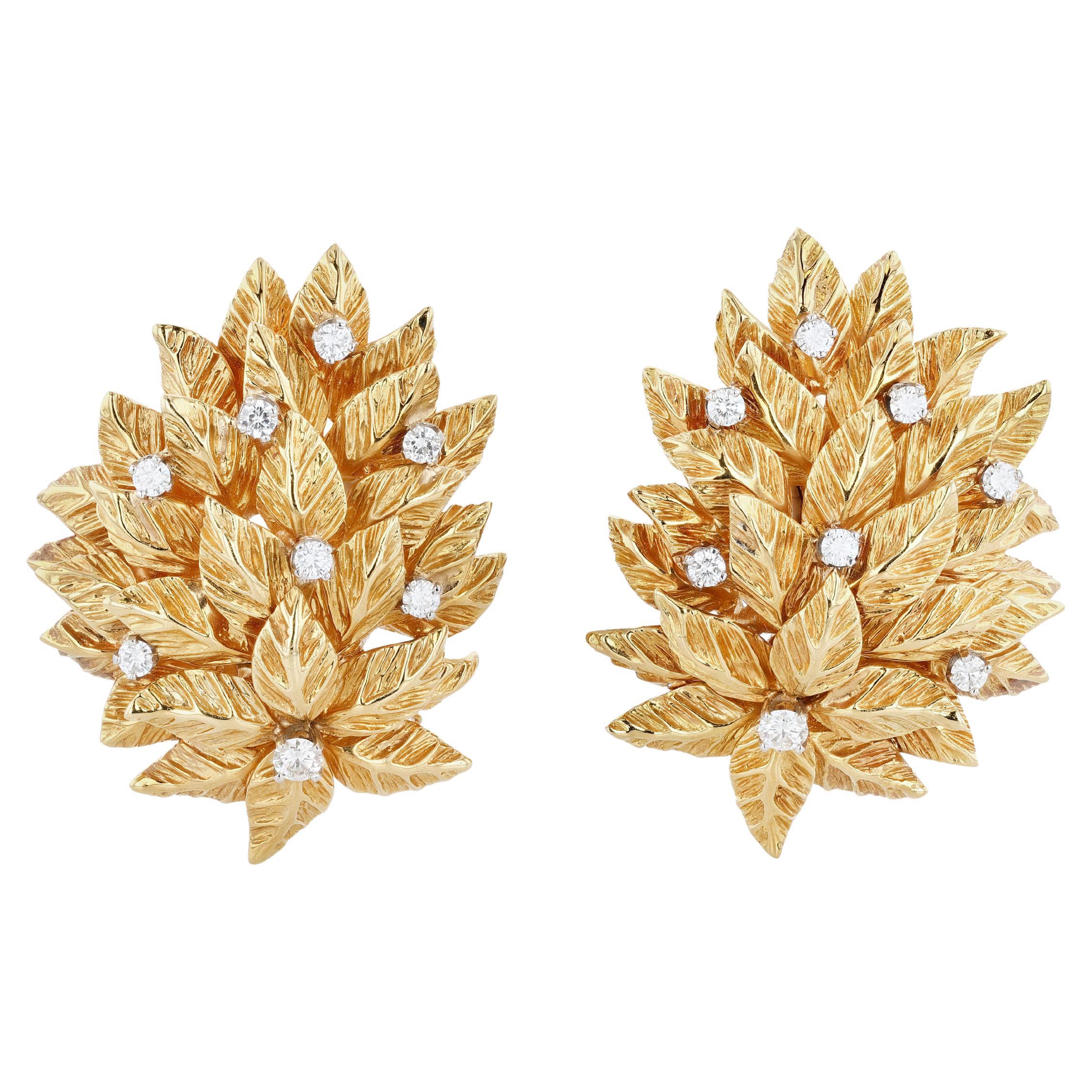 Gold and Diamond Earclips of Leaf Form