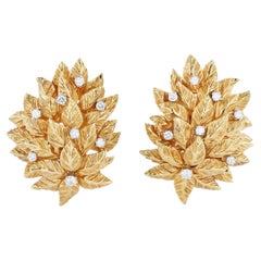Gold and Diamond Earclips of Leaf Form