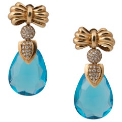 Gold and Diamond Earrings with Interchangeable White Blue Pink and Yellow Drops