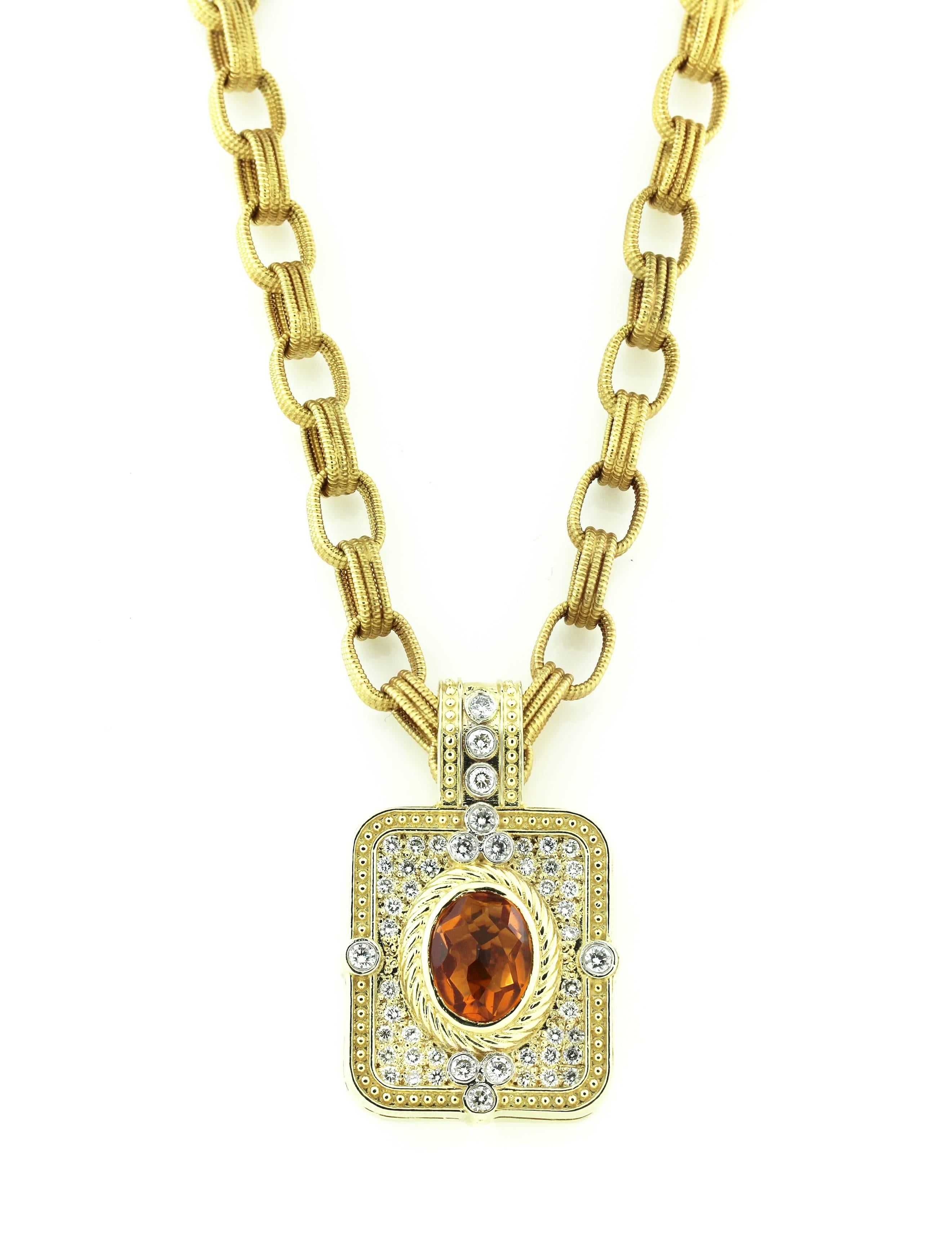 14K Gold Necklace with Enhancer Pendant and yellow gold link chain

Pendant has Citrine center and all diamonds. The citrine is 11mm x 9.5mm and is gorgeous in color. The pendant also has 1.50 carat G color, VS clarity diamonds

The pendant bail