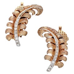 A 0.12 Cts Gold and Diamond Feather Earclips