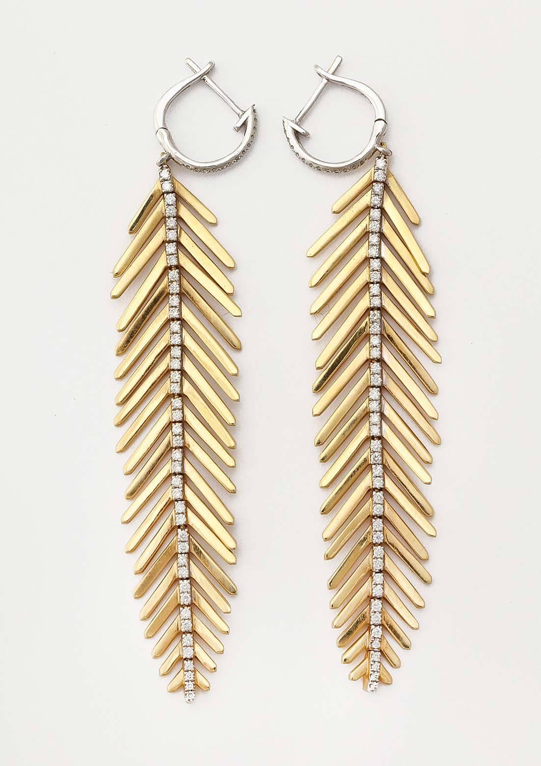 Contemporary Gold and Diamond Feather Earrings For Sale