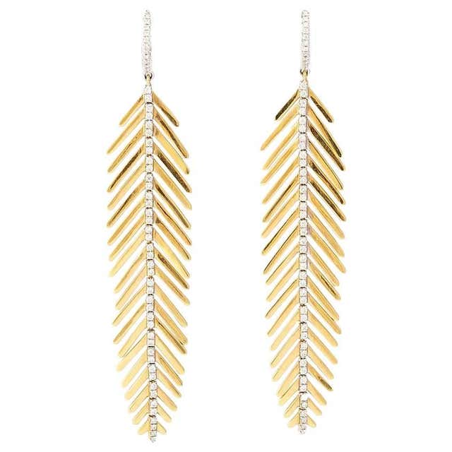 Gold and Diamond Feather Earrings For Sale at 1stDibs