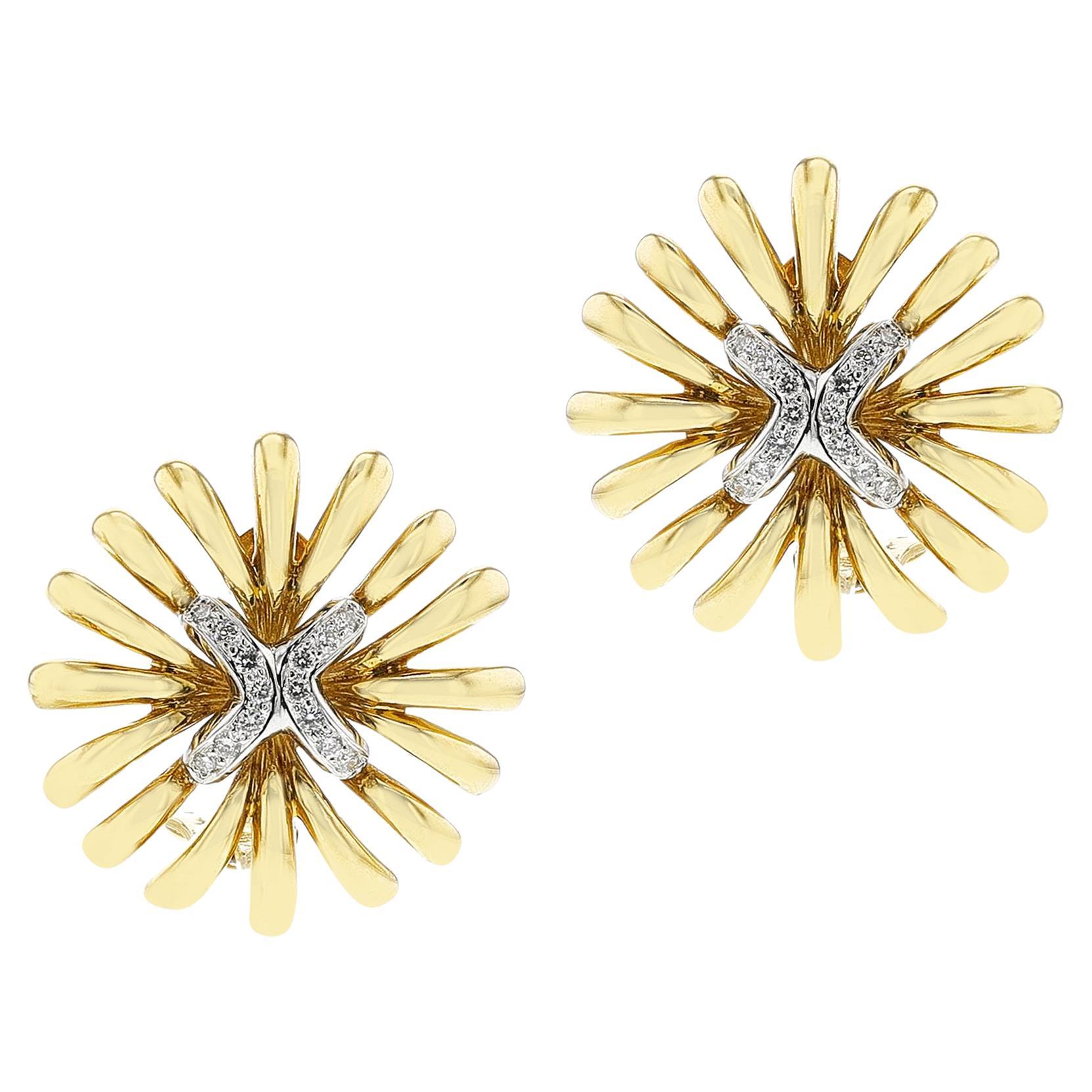 Gold and Diamond Flower Earrings, 18k For Sale