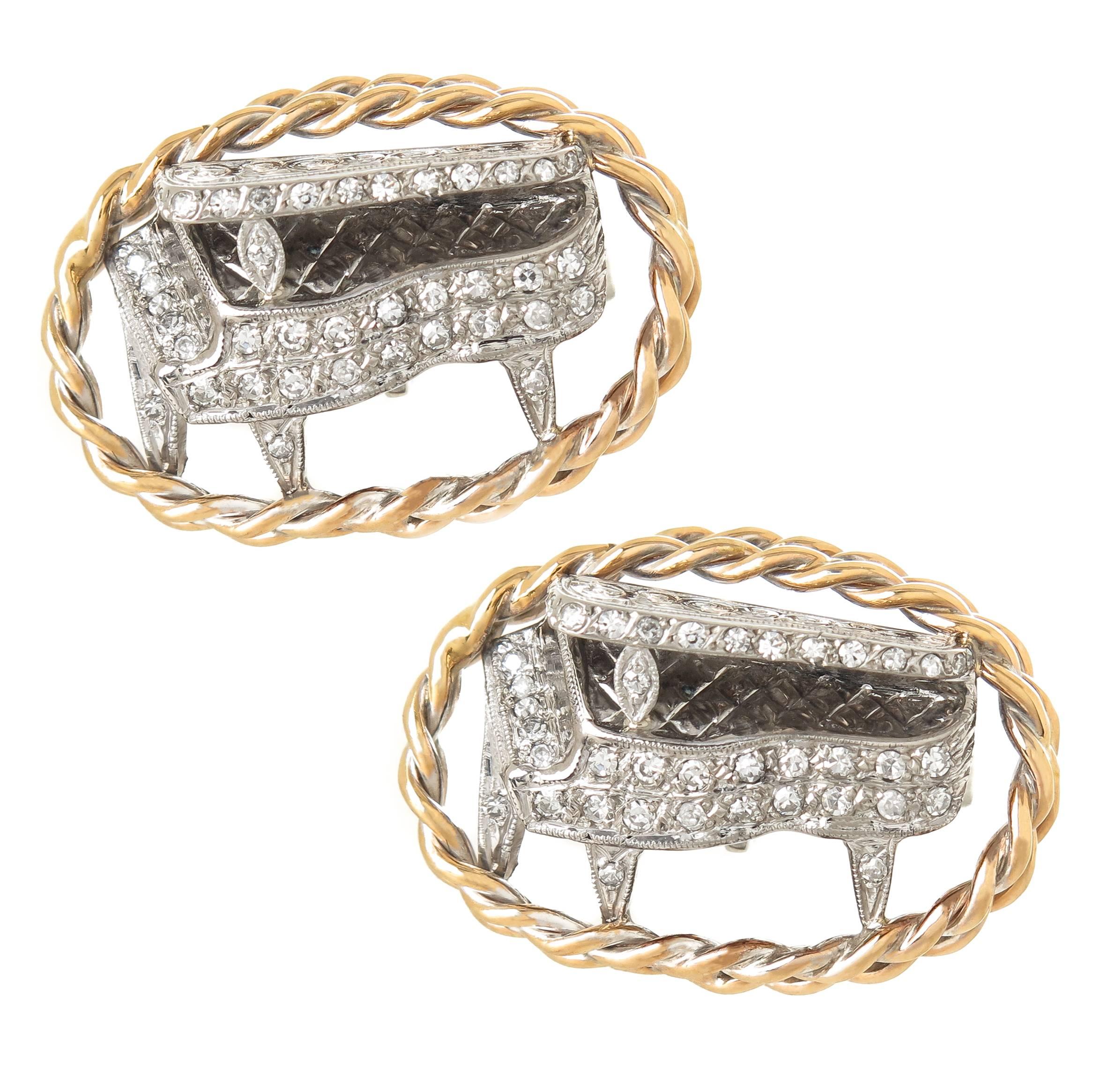 Gold and Diamond Grand Piano Form Cufflinks, 1960s For Sale