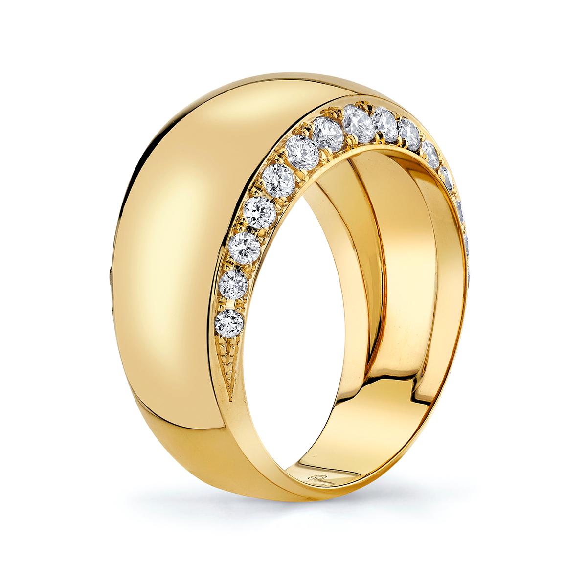 This Ring is 18 Karat Solid Yellow Gold Ring and is made by hand in Los Angeles, CA. This Ring has 0.8 Carats White Diamonds along 2 edges of the ring.
The ring depth is 12mm. 
This Ring is a size 7. 

One side of the halo is a reflection of the