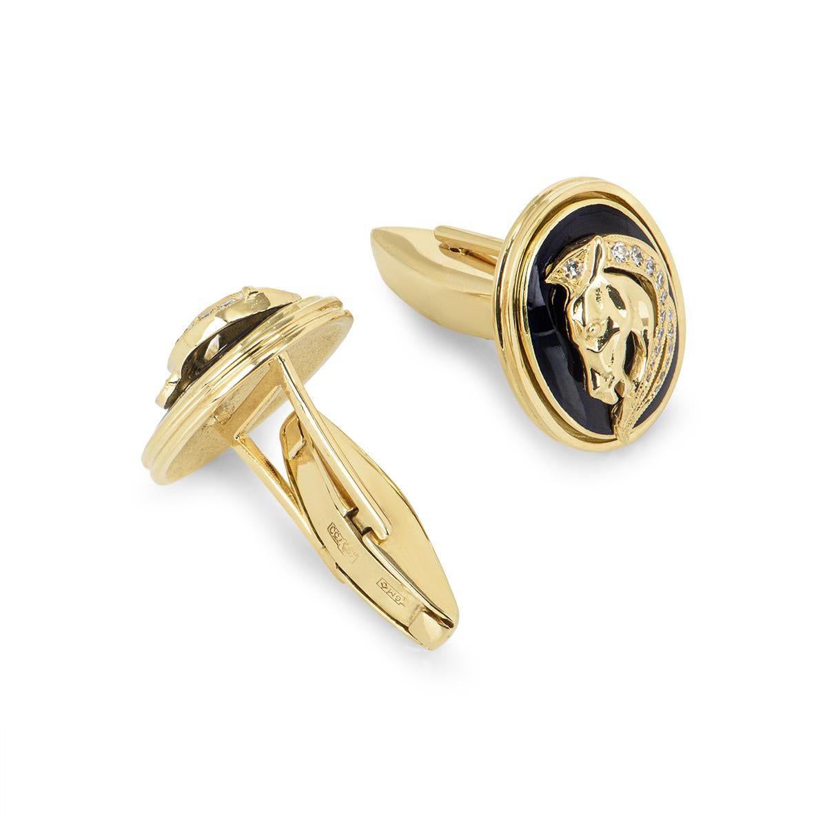 Round Cut Gold and Diamond Horse Tie Slide and Cufflink Set For Sale