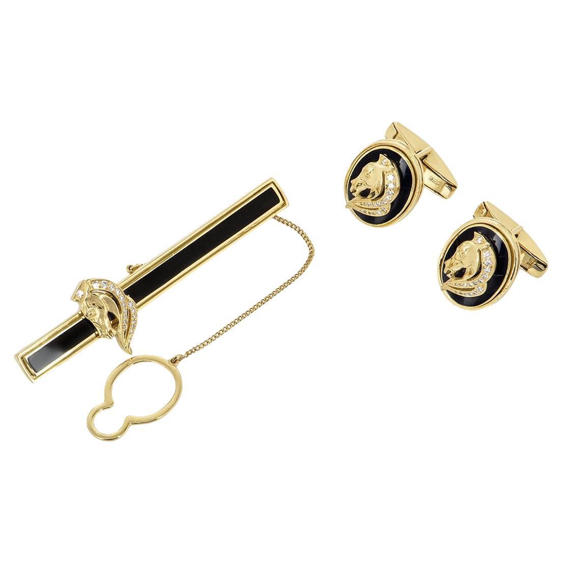 Gold and Diamond Horse Tie Slide and Cufflink Set