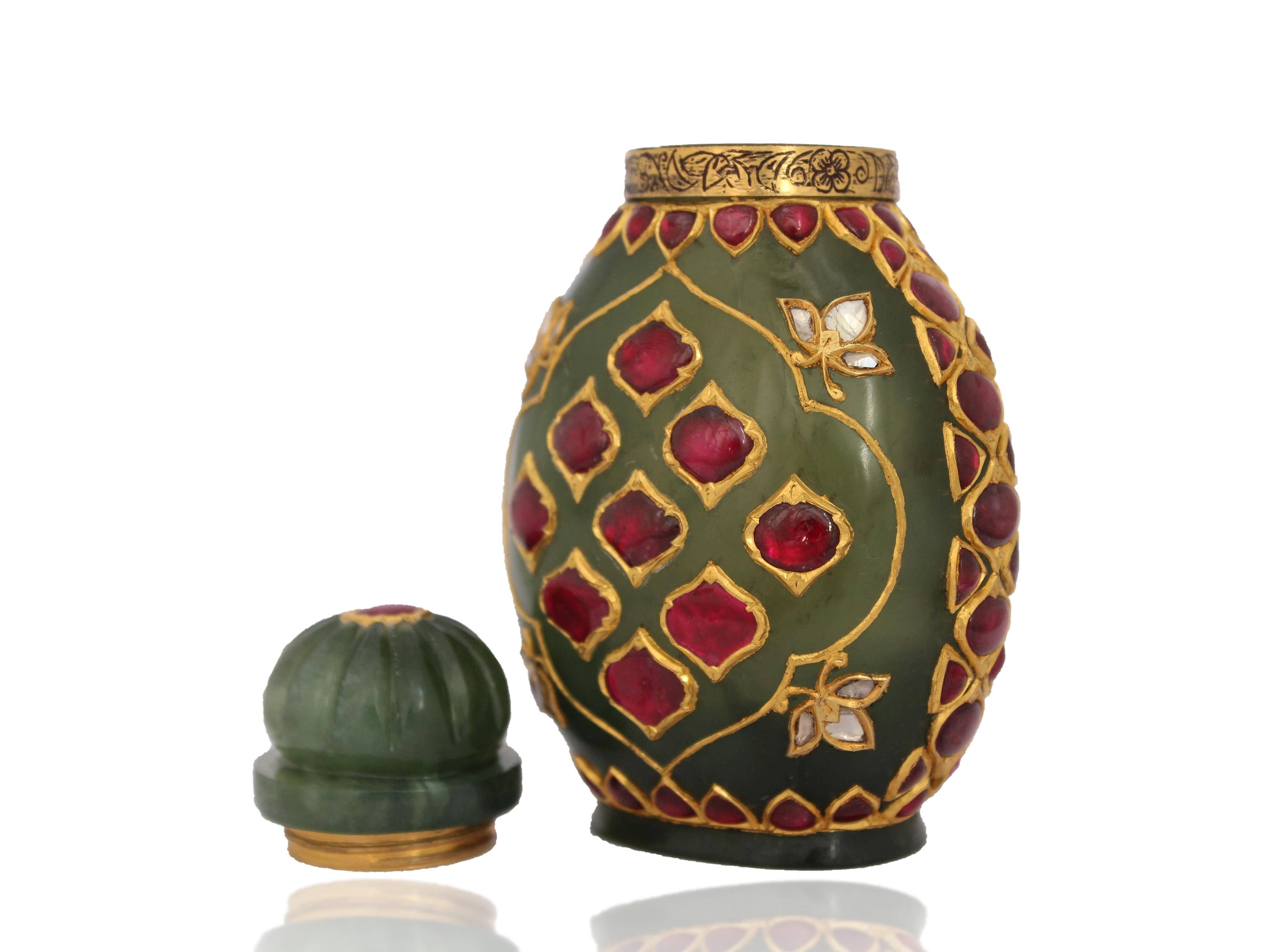 Women's or Men's Gold and Diamond Inlay Mughal Jade Whiskey Flask For Sale