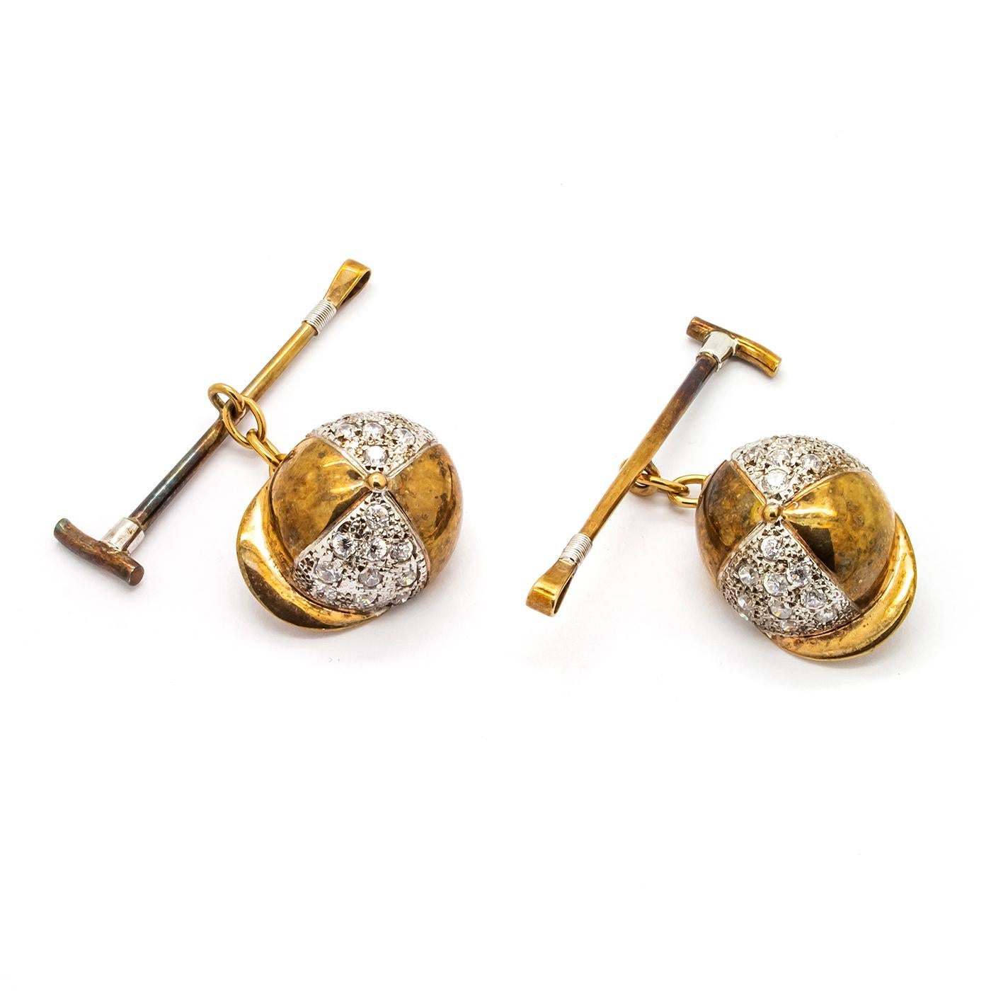 Vintage Gold and Cubic Zirconia Jockey Cufflinks, 1980 In Good Condition For Sale In London, GB