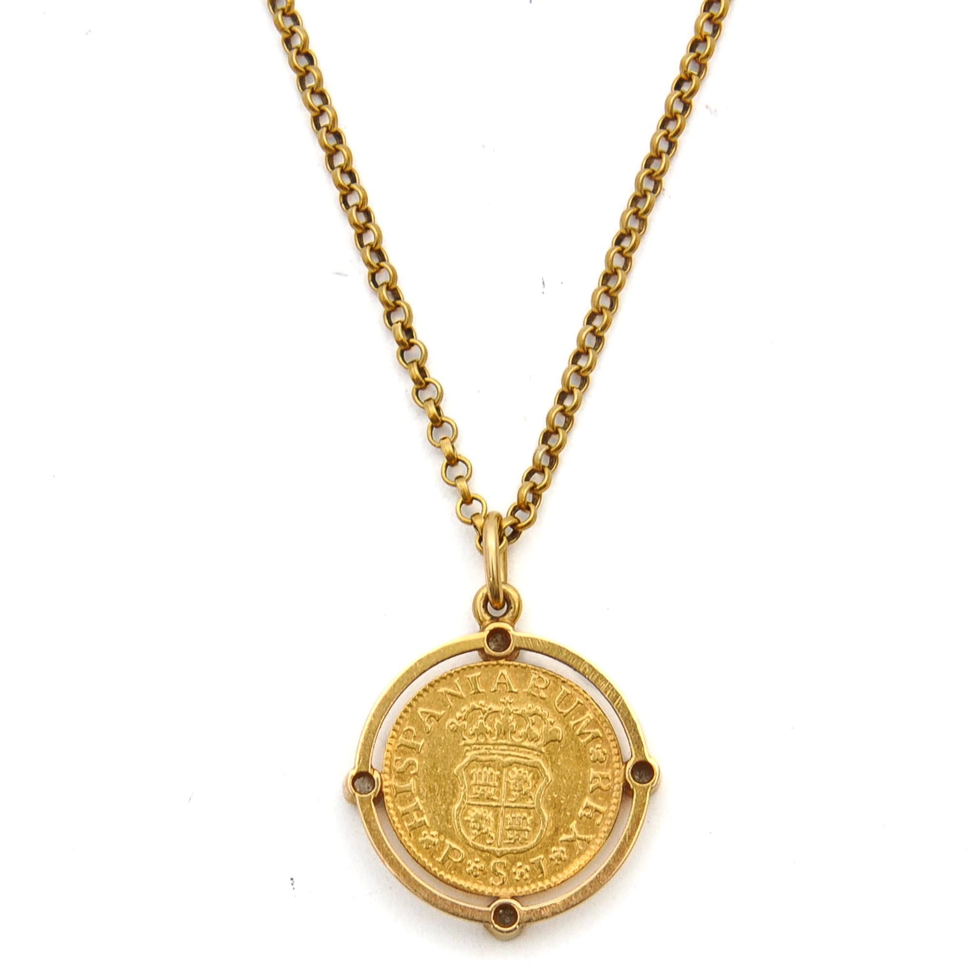 Rose Cut Gold and Diamond King Ferdinand VI of Spain Coin Belcher Pendant Necklace