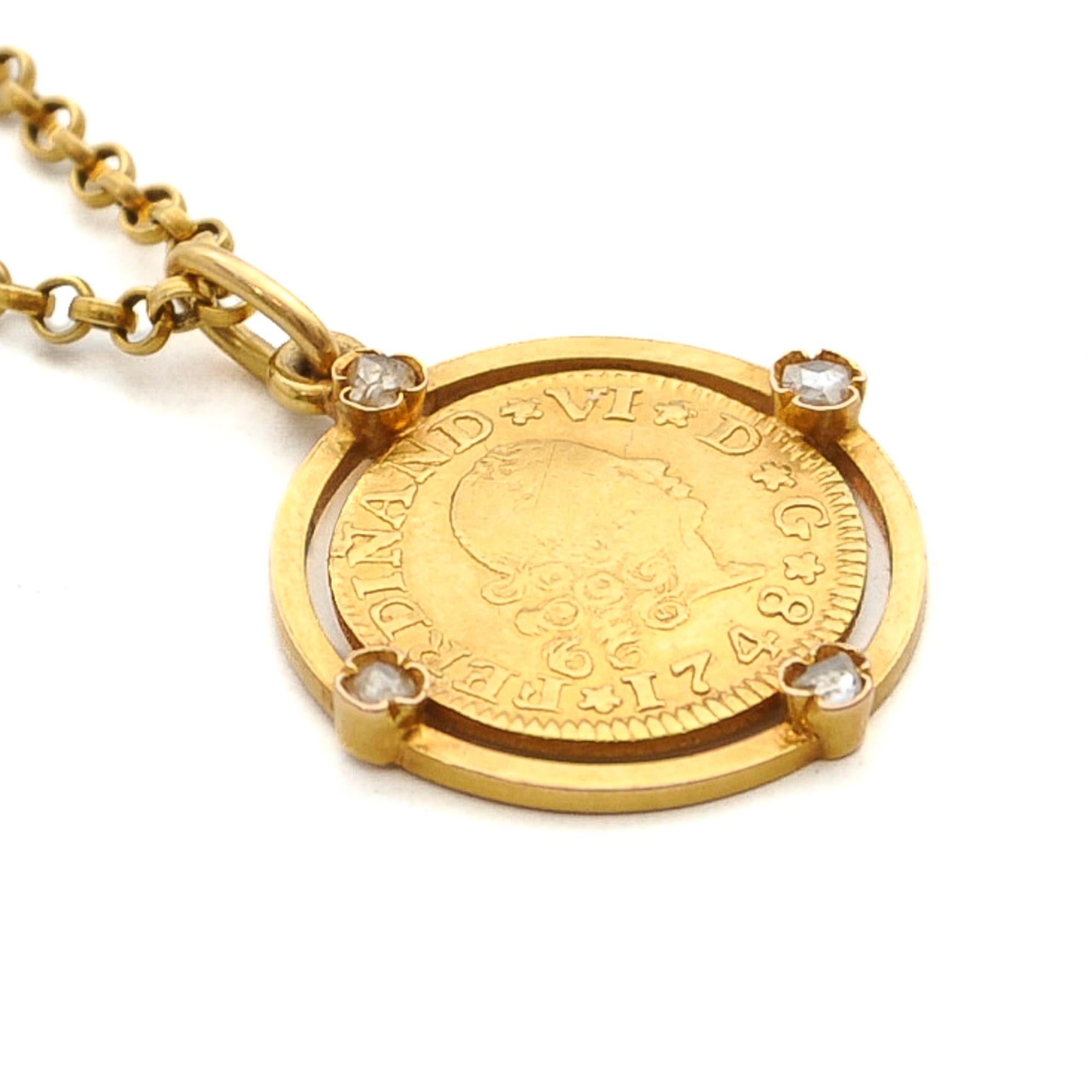 Gold and Diamond King Ferdinand VI of Spain Coin Belcher Pendant Necklace In Good Condition In Rotterdam, NL