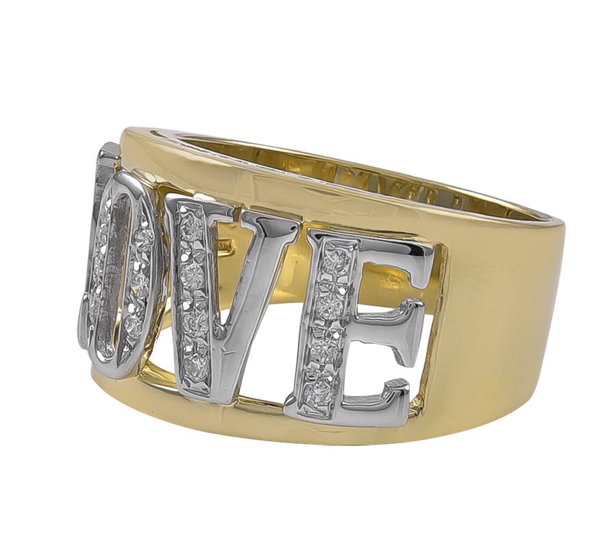 Breiter Ring aus 18 Karat Gelbgold mit diamantbesetzten Buchstaben, gefasst in Weißgold,  die 