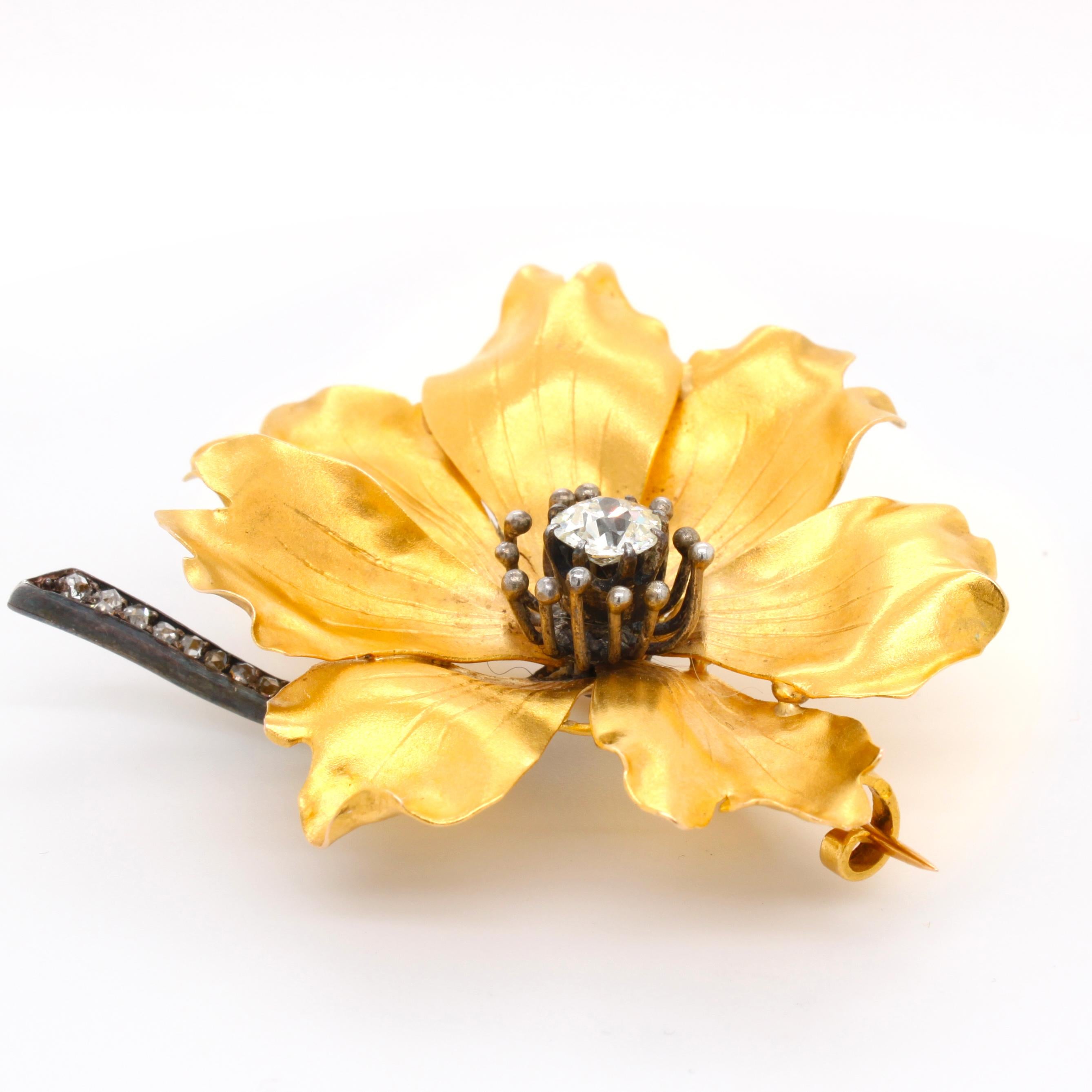 Old European Cut Gold and Diamond Peony Flower Brooch, France, circa 1900s