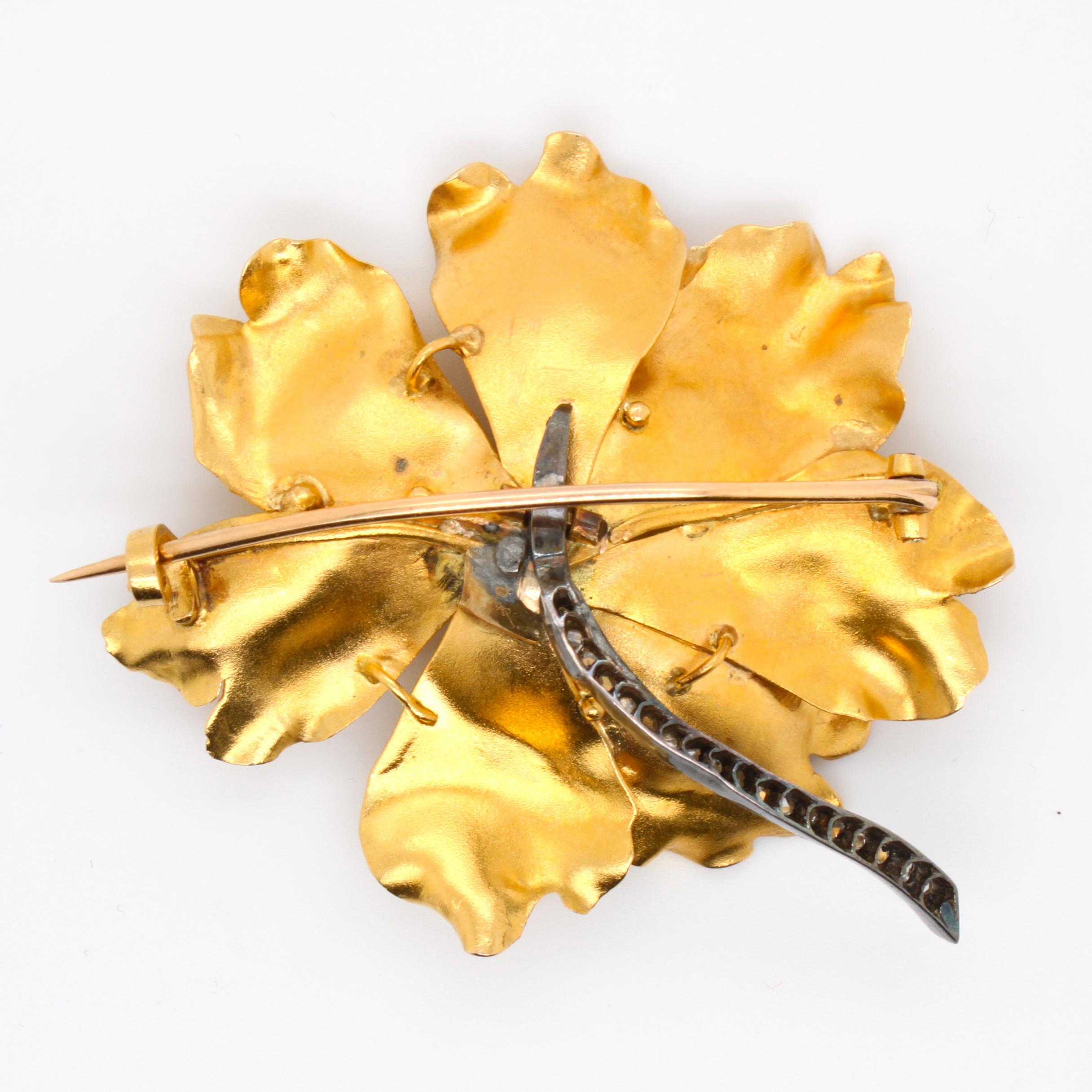 Gold and Diamond Peony Flower Brooch, France, circa 1900s 2