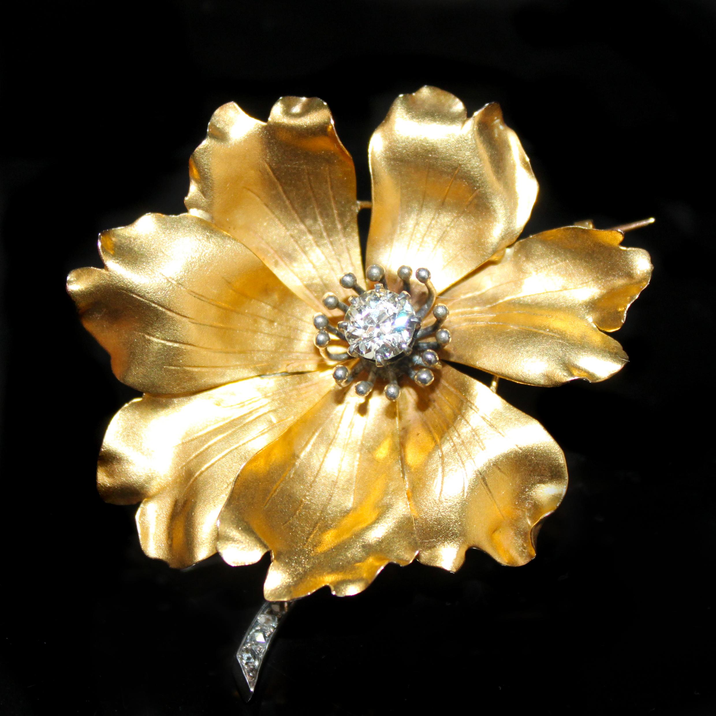 Women's or Men's Gold and Diamond Peony Flower Brooch, France, circa 1900s