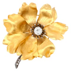 Gold and Diamond Peony Flower Brooch, France, circa 1900s