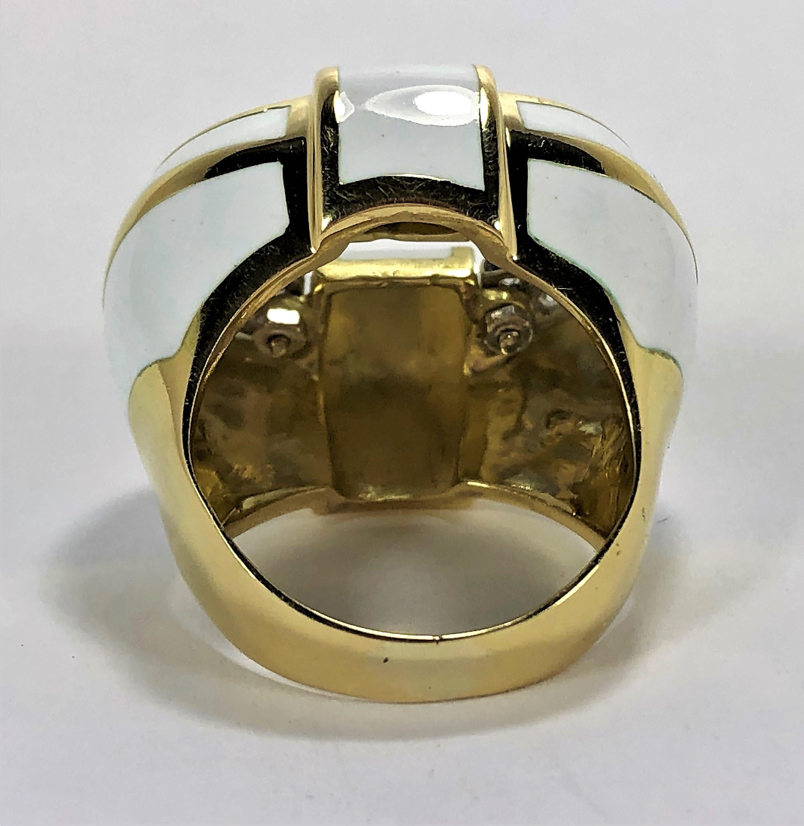 Gold and Diamond Ring with White Enamel In Good Condition In Palm Beach, FL