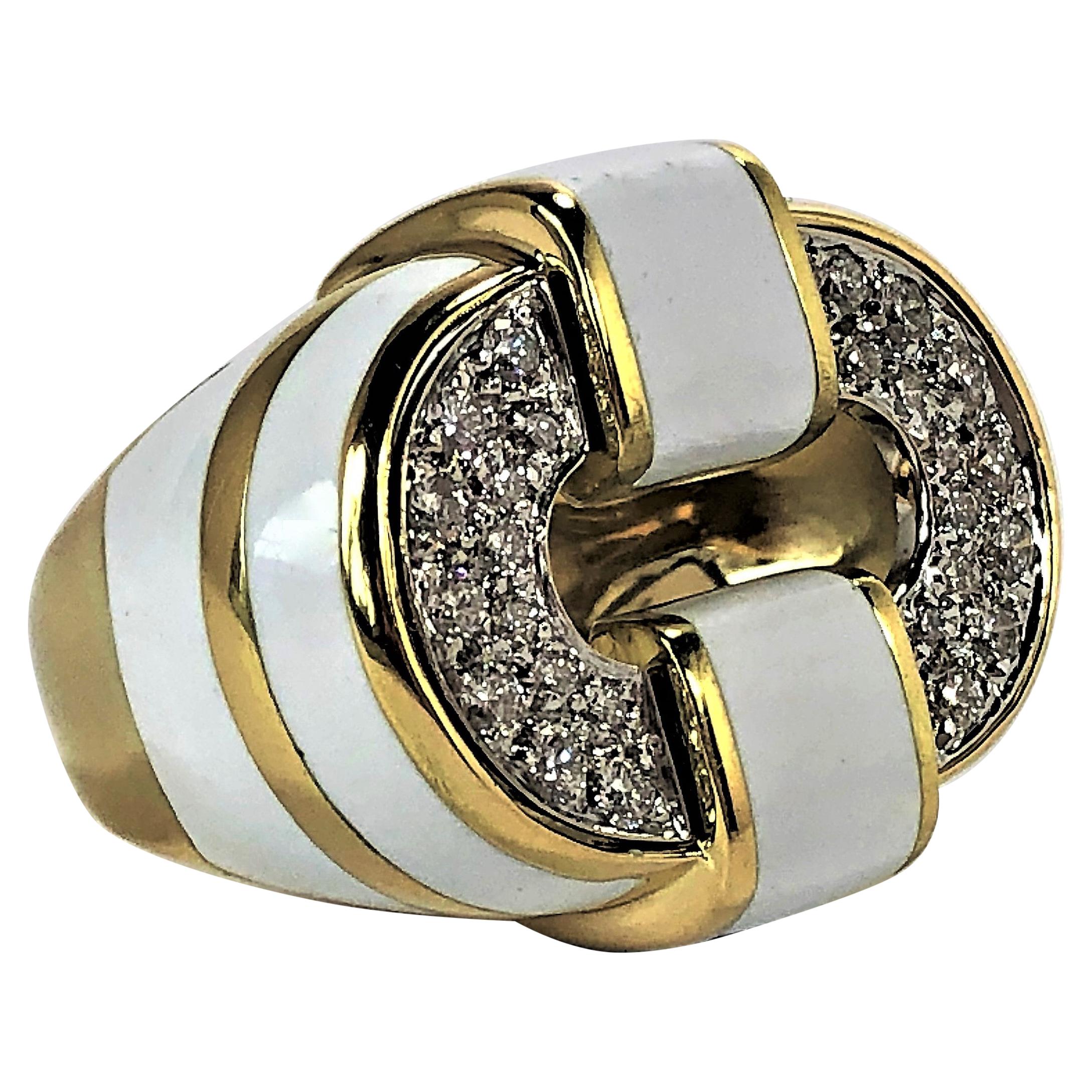 Gold and Diamond Ring with White Enamel